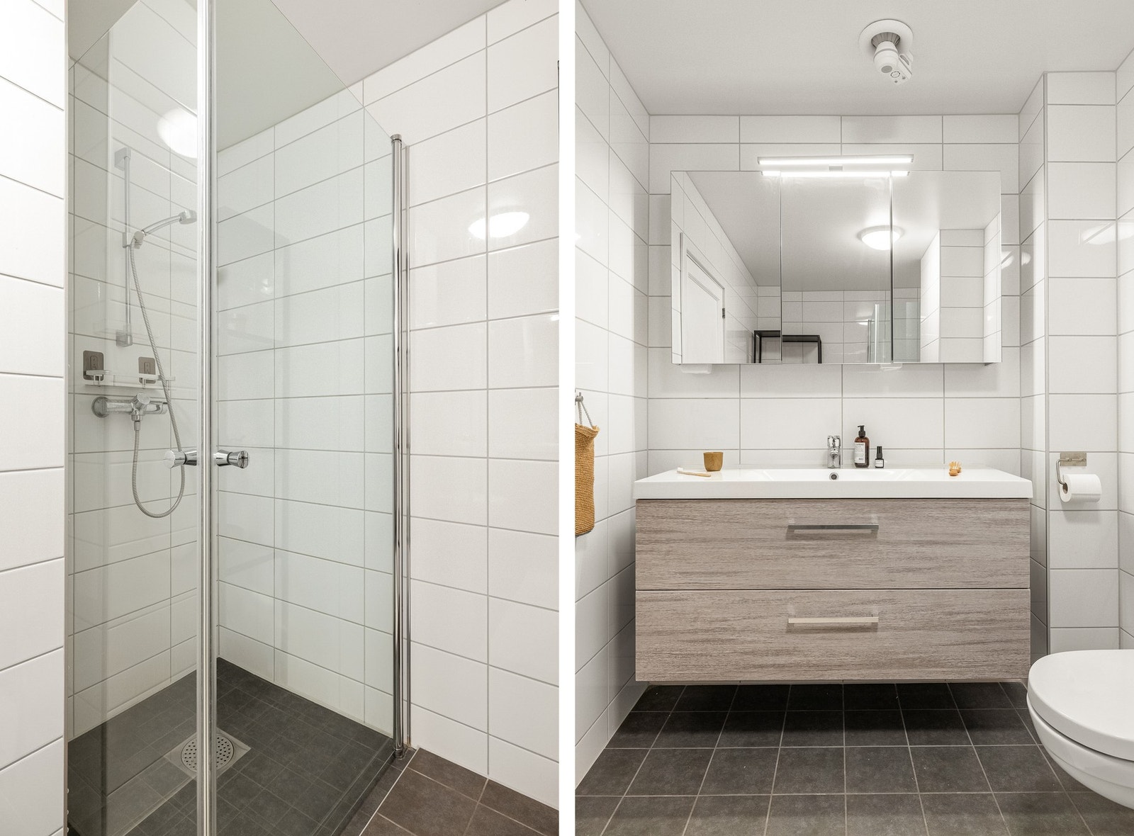 Badet er innredet med vegghengt toalett, servant med innredning og dusjhjørne. Galleribilde