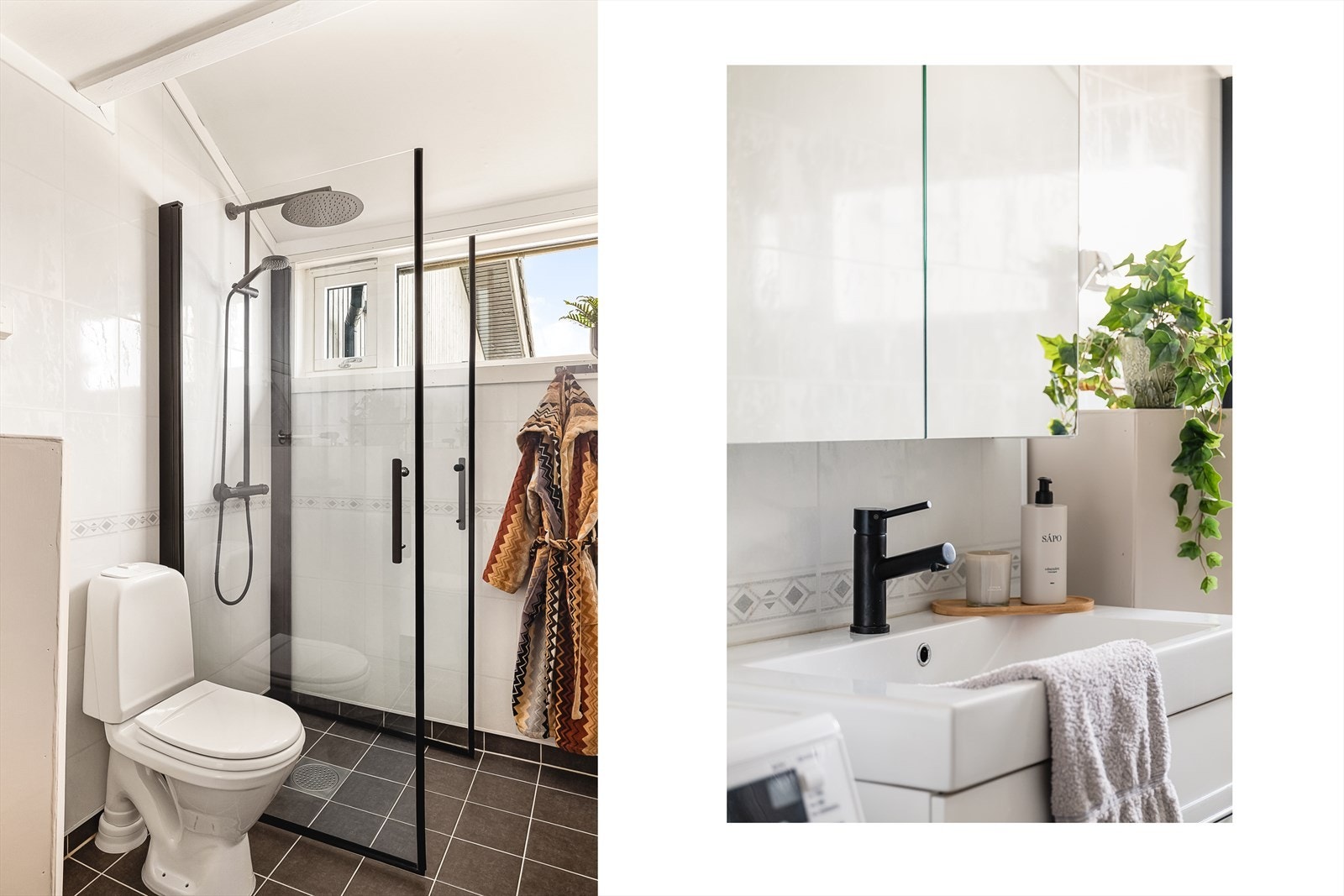 Innredningen består av nedfelt servant, toalett, dusjvegger/hjørne, varmtvannstank og opplegg for vaskemaskin. Galleribilde