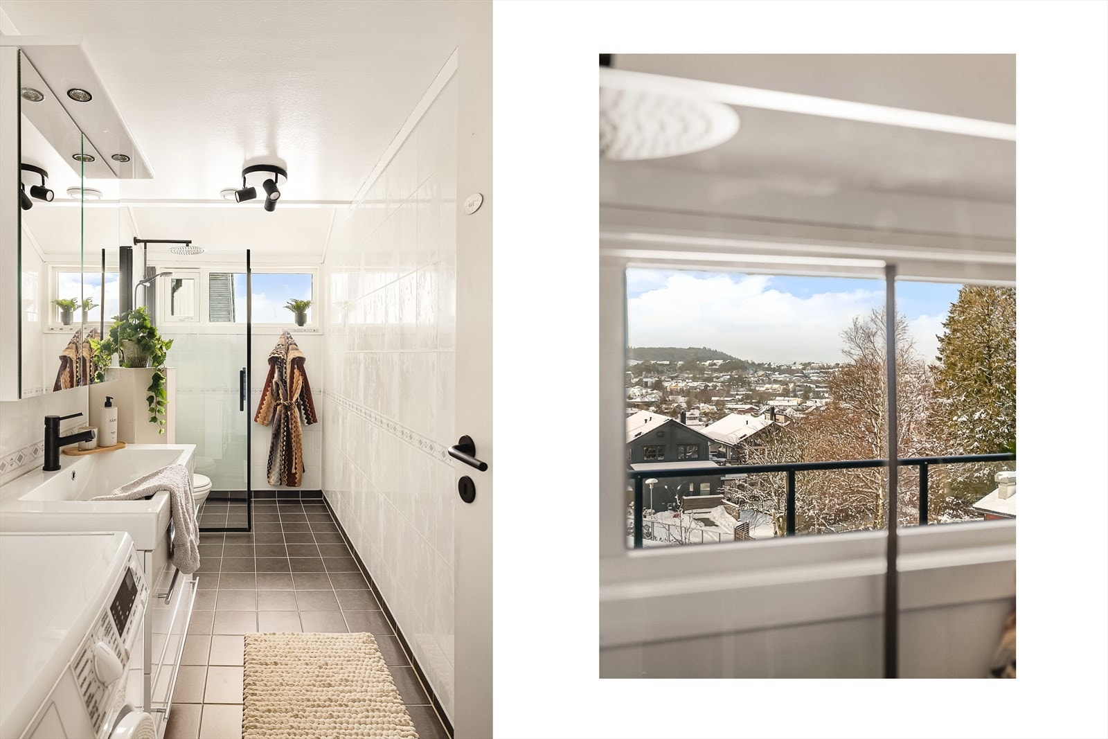 Badet måler 5,6 kvm og har varmekabler i gulvet. Galleribilde