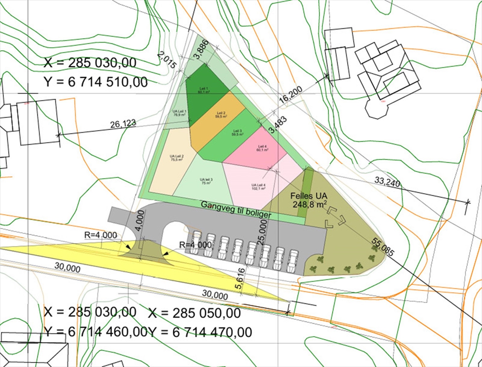 Kart med inntegnet 4- mannsbolig iht. rammetillatelse. Galleribilde