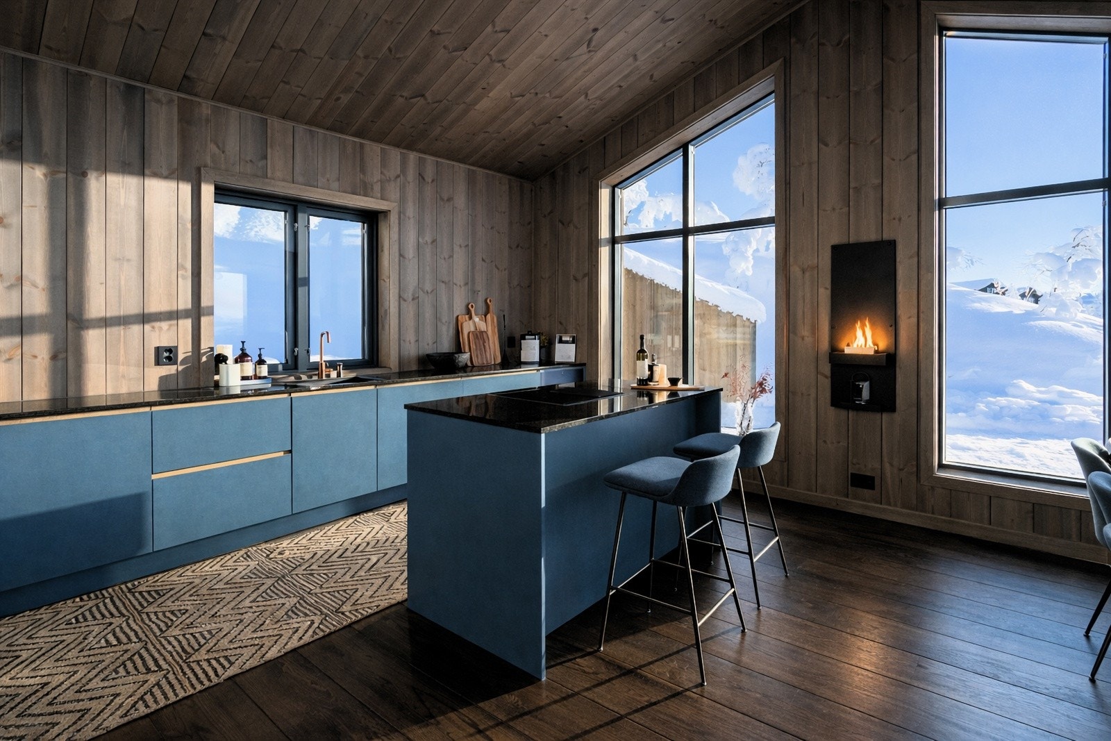 Moderne kjøkken fra MBA Møbler med slette fronter og eikedetaljer, granitt benkeplate og armatur i kobber. Videre er det installert en lekker tenderflamme Galleribilde