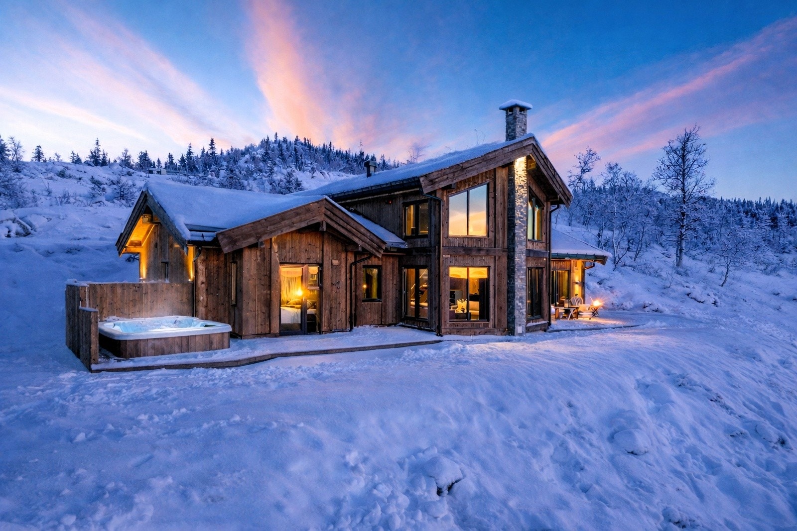 Hyttemodellen "Skarsnuten" er arkitekttegnet og har blant annet signatur steinsatt peis som gir et særegent og moderne preg Galleribilde