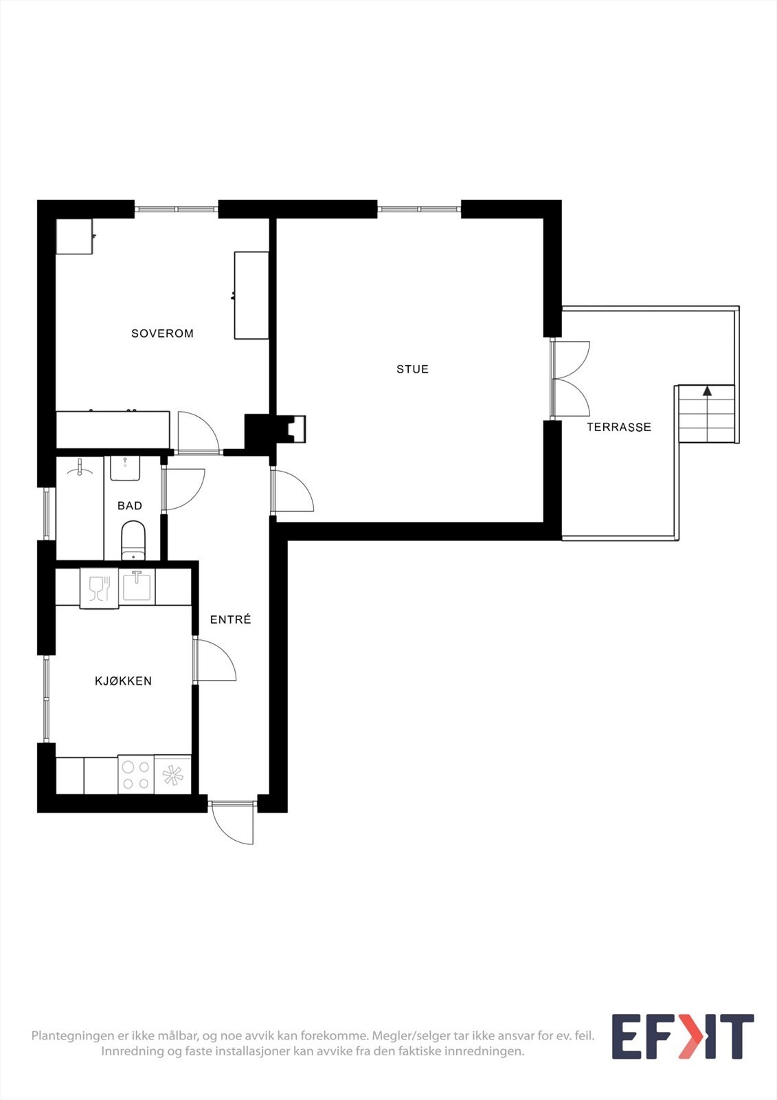 Leiligheten har en praktisk planløsning på 55 m² som omfatter entré, stue, kjøkken, bad og soverom. Galleribilde