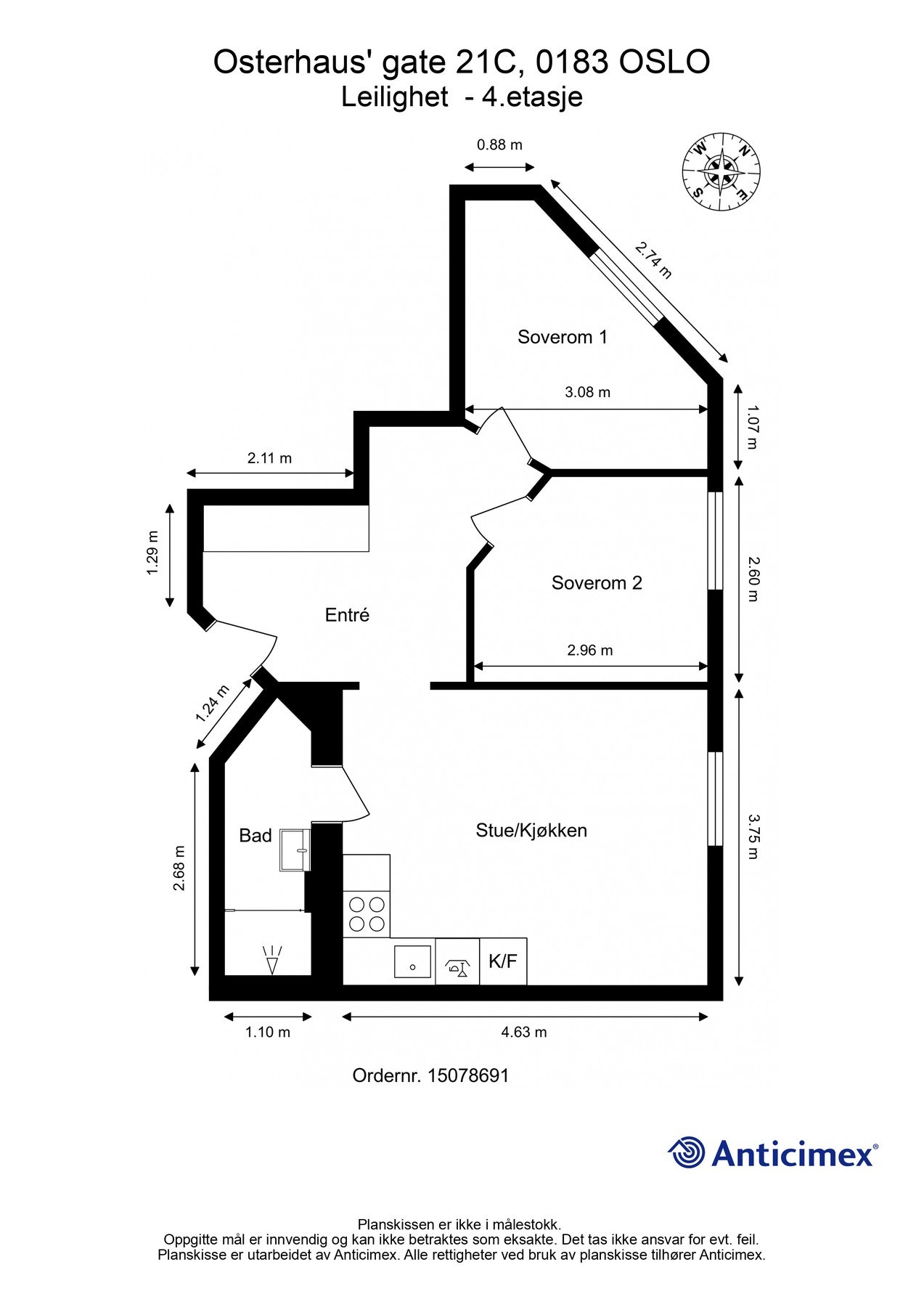 Plantegning 4. etasje. I tillegg disponerer leiligheten en kjellerbod på ca. 3m². Galleribilde