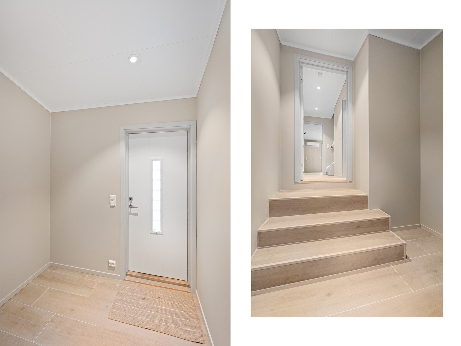 - Velkommen inn | Innbydende gang som gir et godt førsteinntrykk | Nye gulv, spotter i tak og alle overflater er malt i moderne fargevalg - Galleribilde