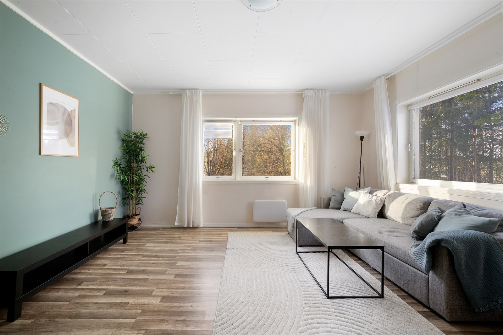 Oppholdsrommet kan innredes med sofa, bord, TV og TV-benk Galleribilde