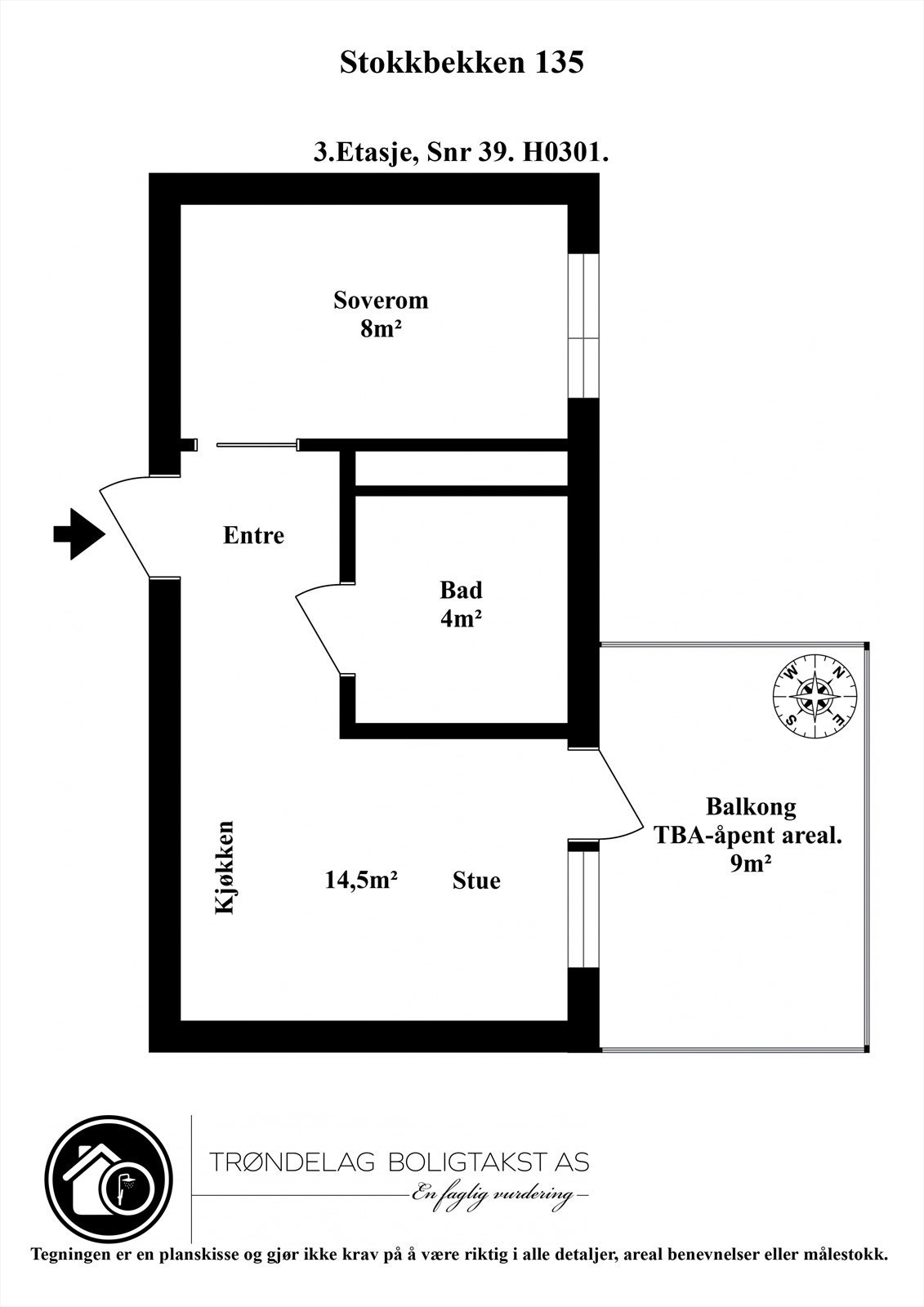 Planskisse for leiligheten i 3.etasje. Galleribilde