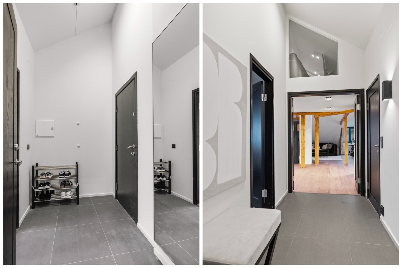 Velkommen inn! Førsteinntrykket er godt, med flislagte gulv med behagelig gulvvarme i både entréen og gangen. Galleribilde