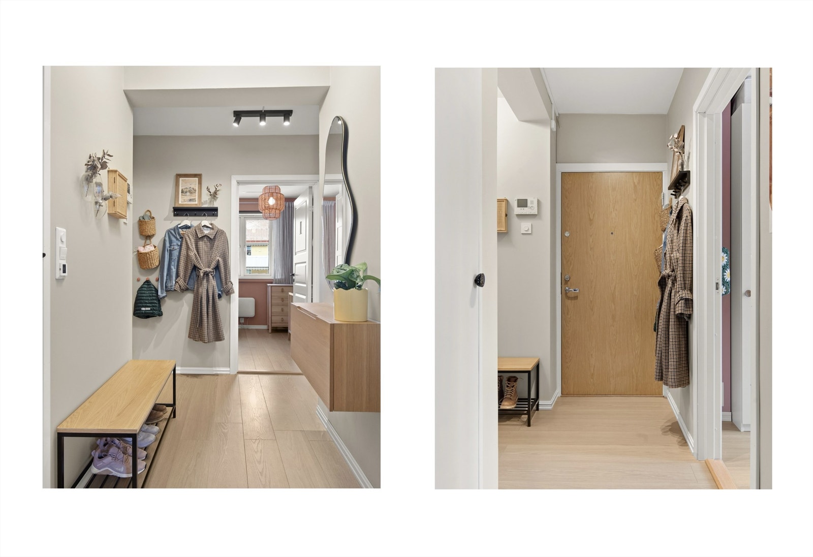 Velkommen inn! Entréen er lys og innbydende og gir et umiddelbart godt førsteinntrykk. Her er det god plass til å henge fra seg yttertøy og sko. Galleribilde