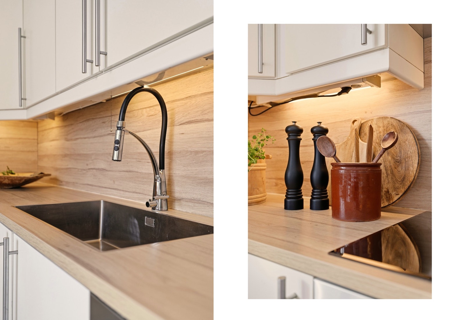 Innredning i malt, slett hvit utførelse med laminat benkeplate og underlimt vask. Lys og strømuttak under overskap. Integrert ovn og
induksjonsplatetopp. Galleribilde