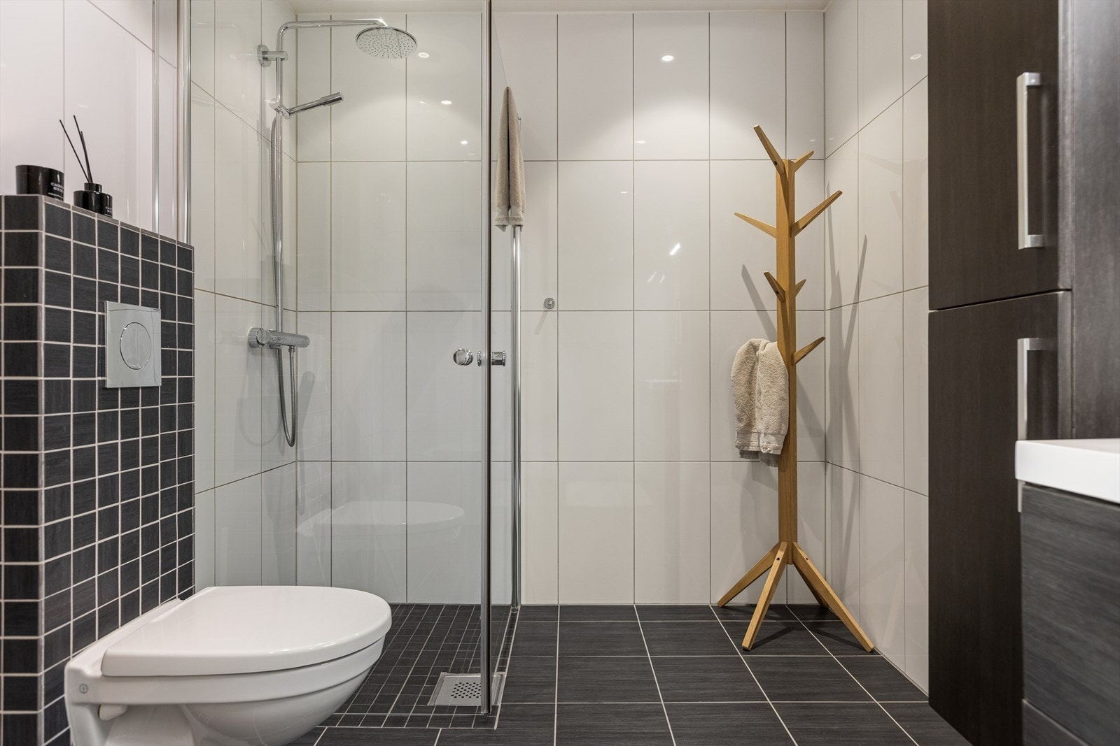 Dusjhjørne med innfellbare glassdører og vegghengt toalett for enkelt renhold. Galleribilde