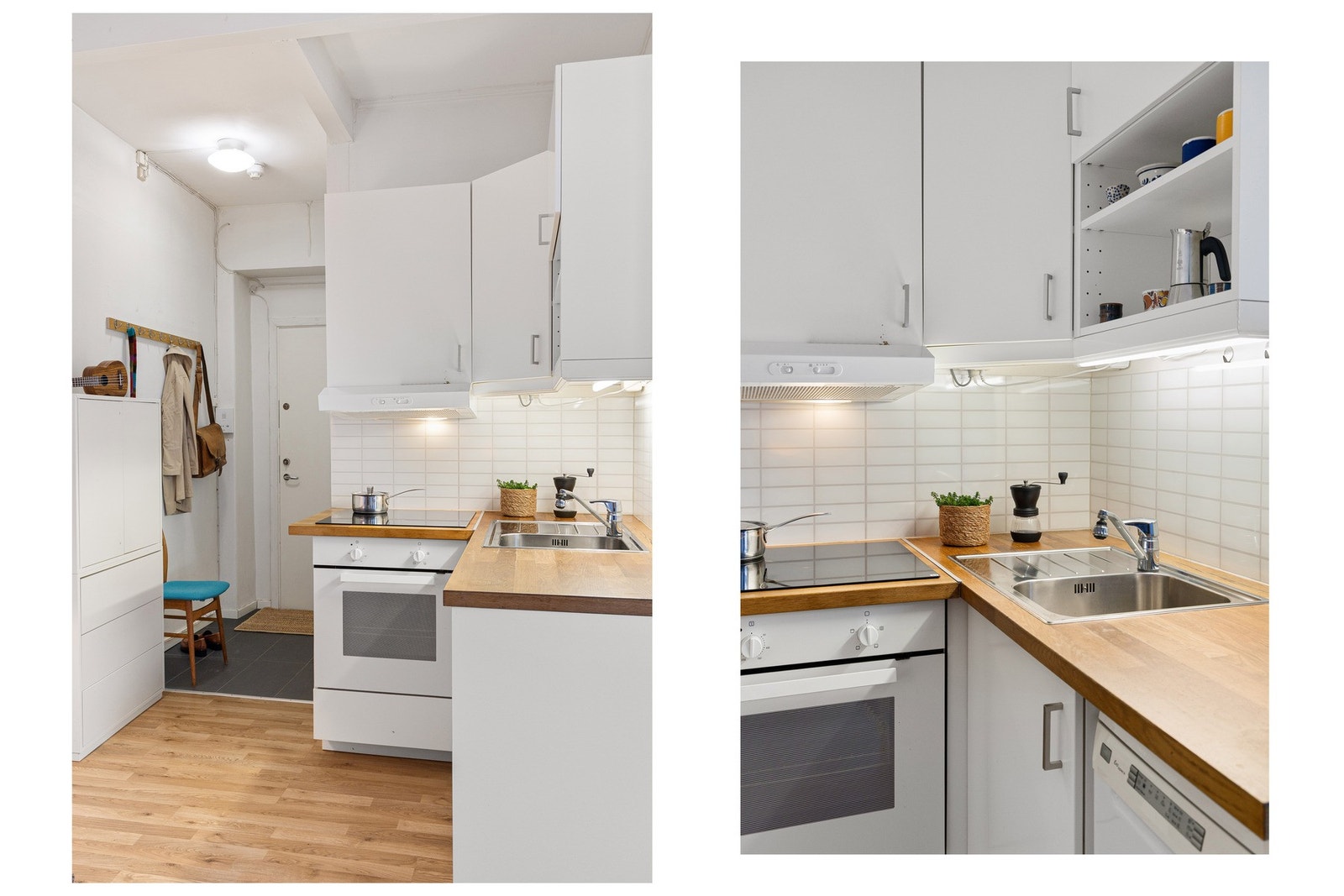 Benkeplaten i massiv eik gir en lun kontrast til den tidløse innredningen. Galleribilde