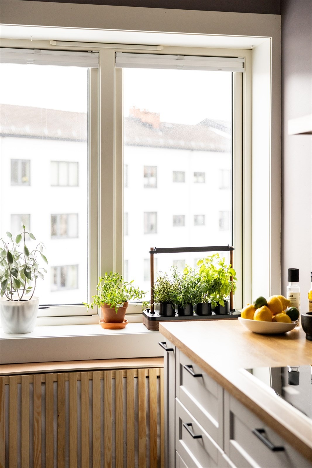 Kjøkkenet har et stort vindu som slipper inn rikelig med dagslys og gir en lys og trivelig arbeidsplass. Den brede vinduskarmen egner seg godt til urter og planter, og bidrar til et levende og hyggelig uttrykk. Galleribilde