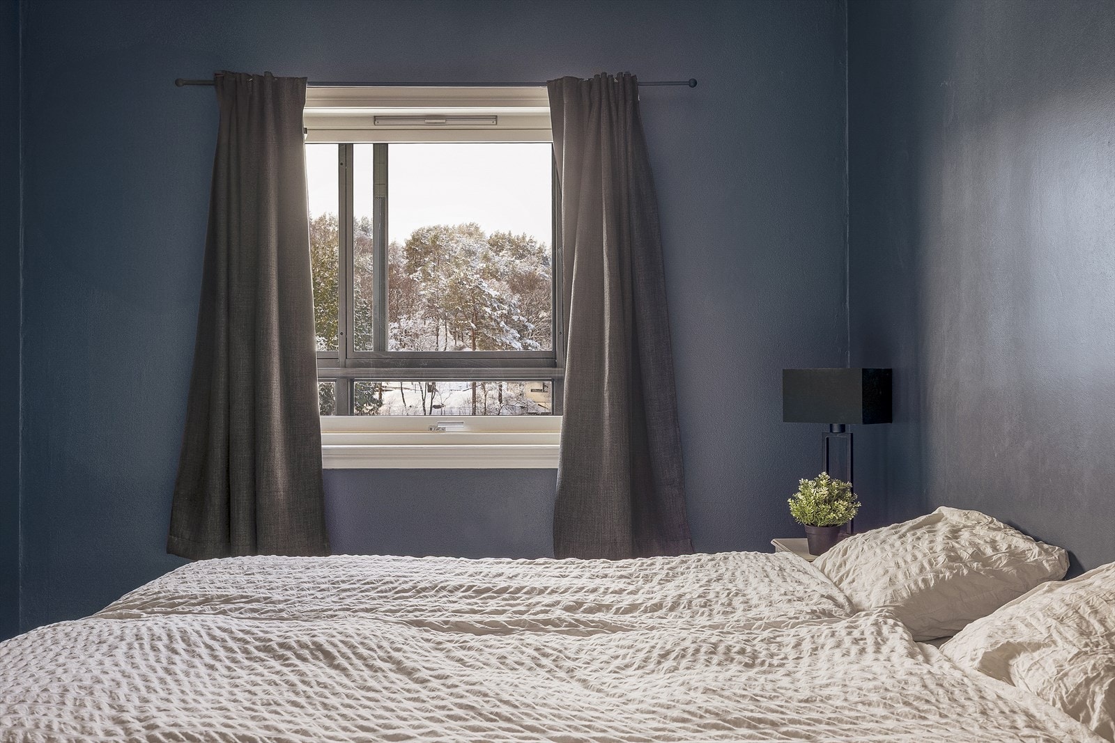 De mørke veggene gir soverommet en lun og rolig atmosfære. Galleribilde