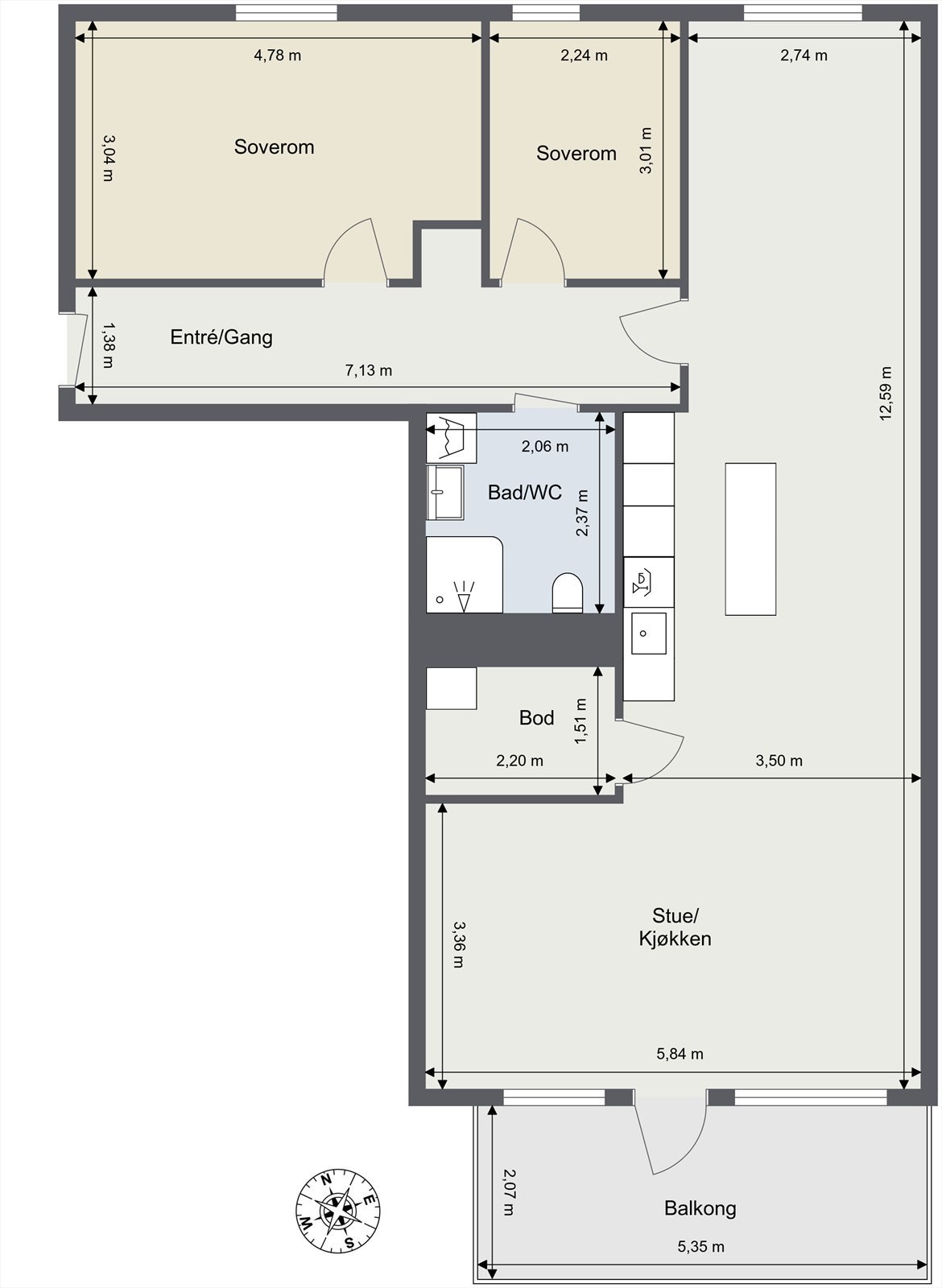 Leiligheten på 92 m² har en god planløsning med to soverom, bad og en intern bod. Galleribilde