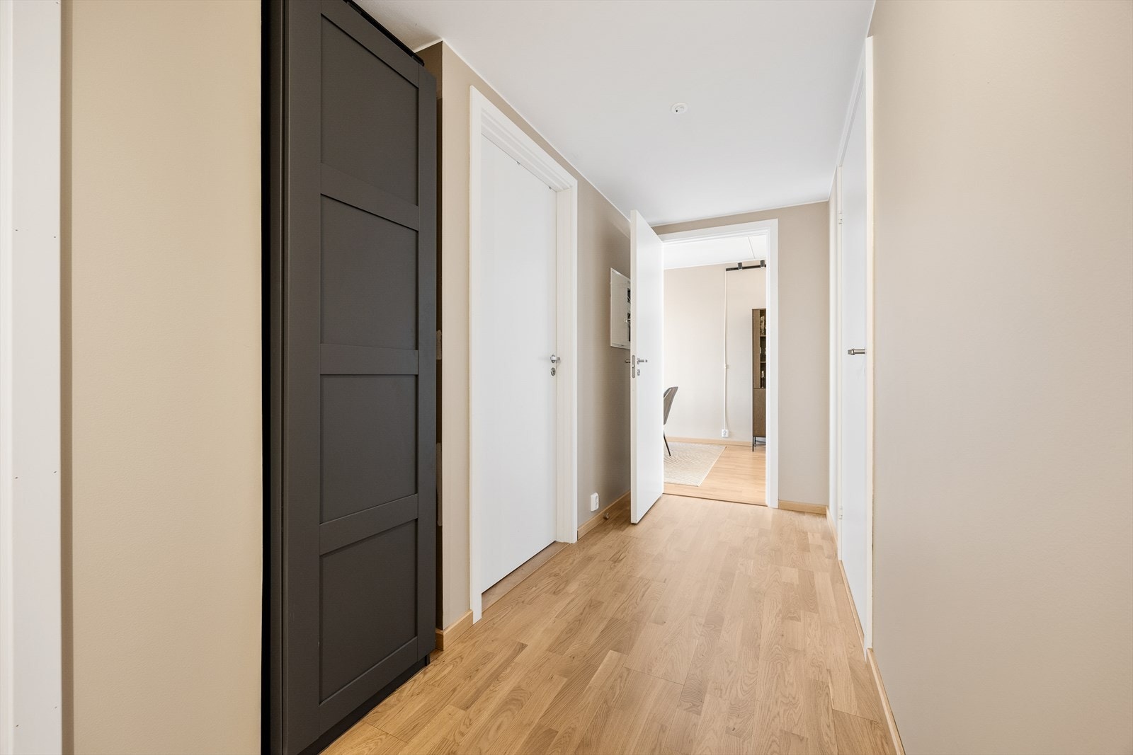 Gangen binder rommene sammen og har fabrikklakkerte innerdører med slett overflate. Galleribilde