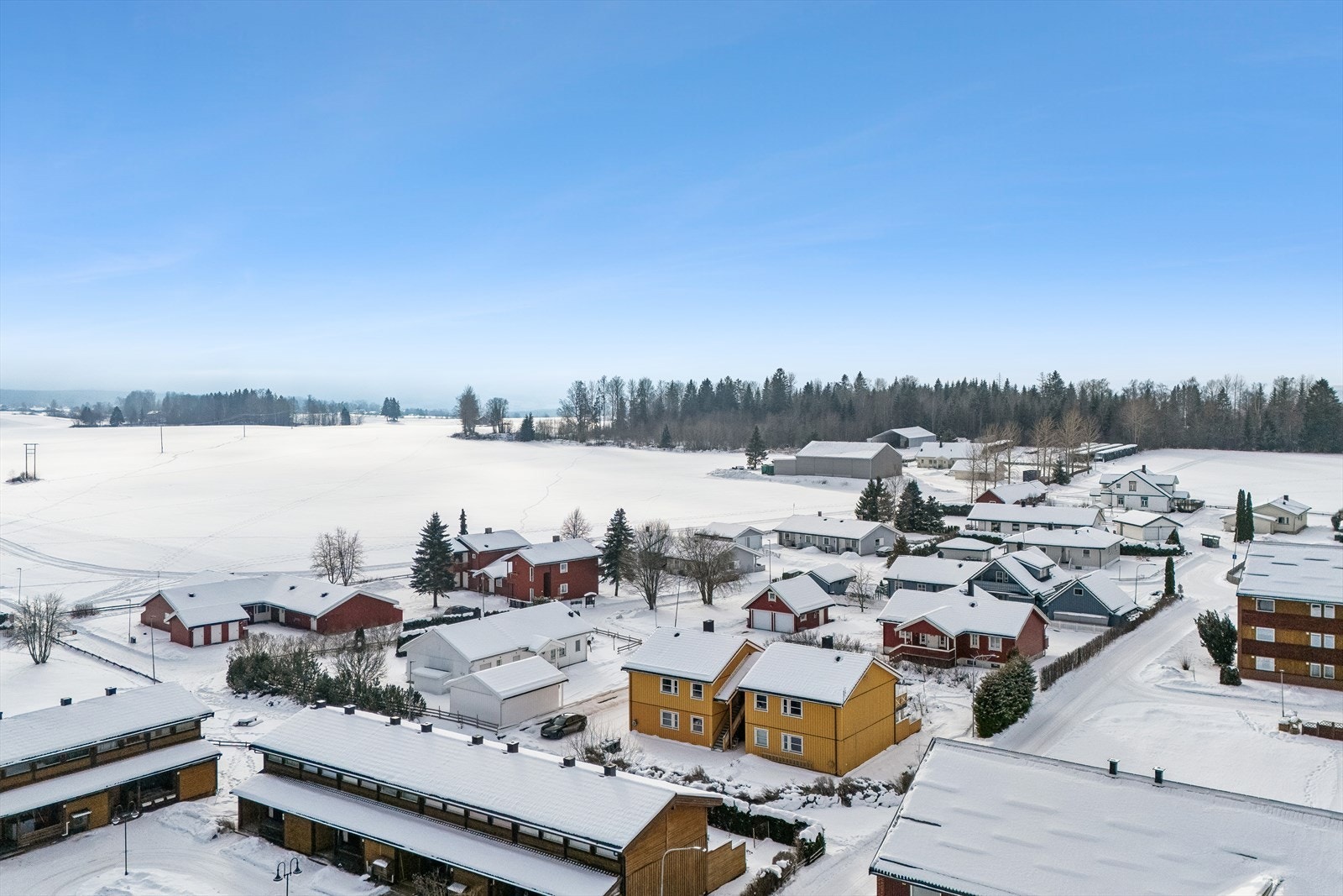 Felles tomteareal med plen og luft mellom byggene - rolig og etablert boligmiljø. Galleribilde