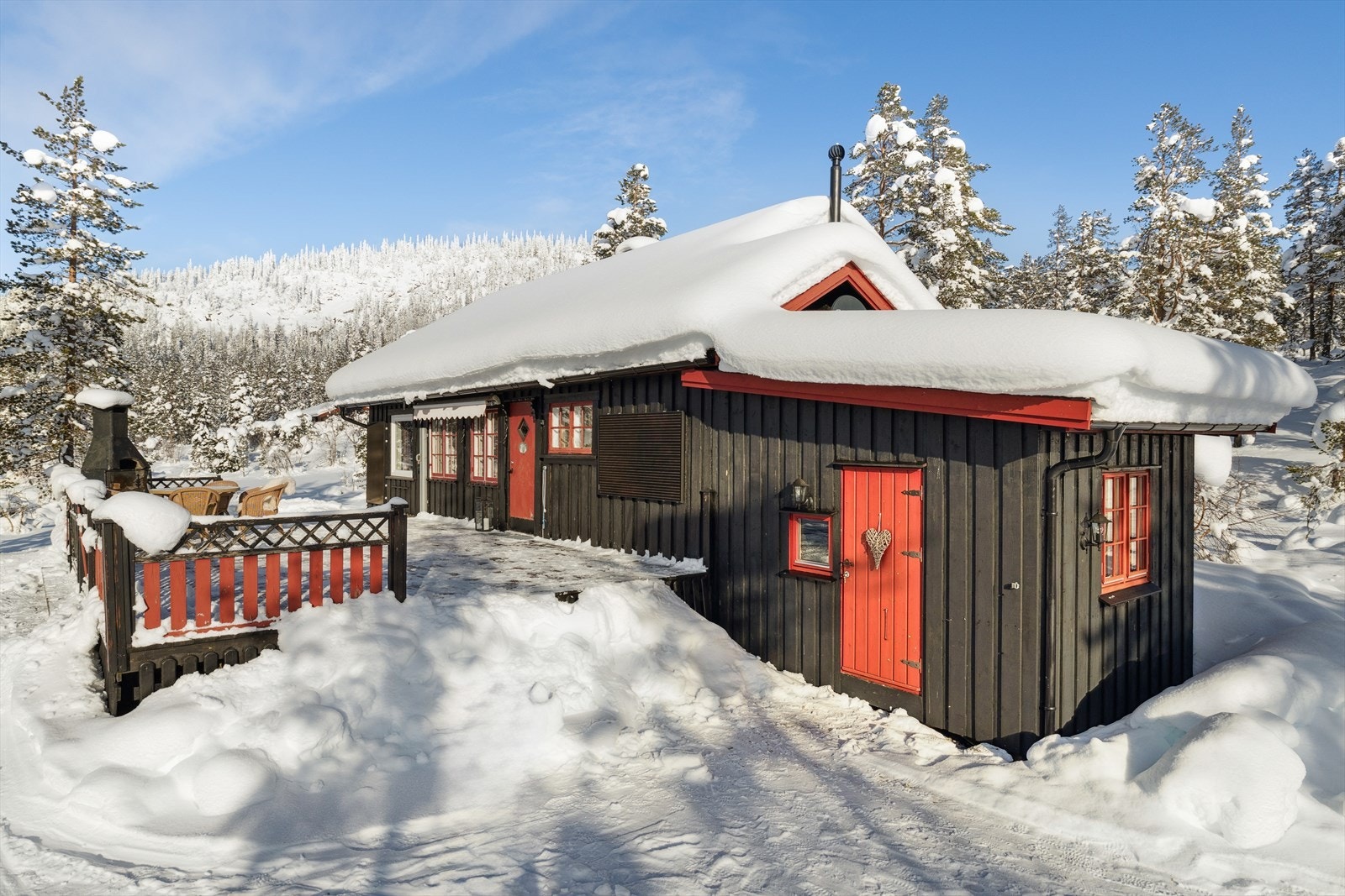 Eiendommen ligger solrikt og usjenert til, med flotte tur- og friluftsmuligheter sommer som vinter, samt bading og fiske i nærliggende vann. Galleribilde