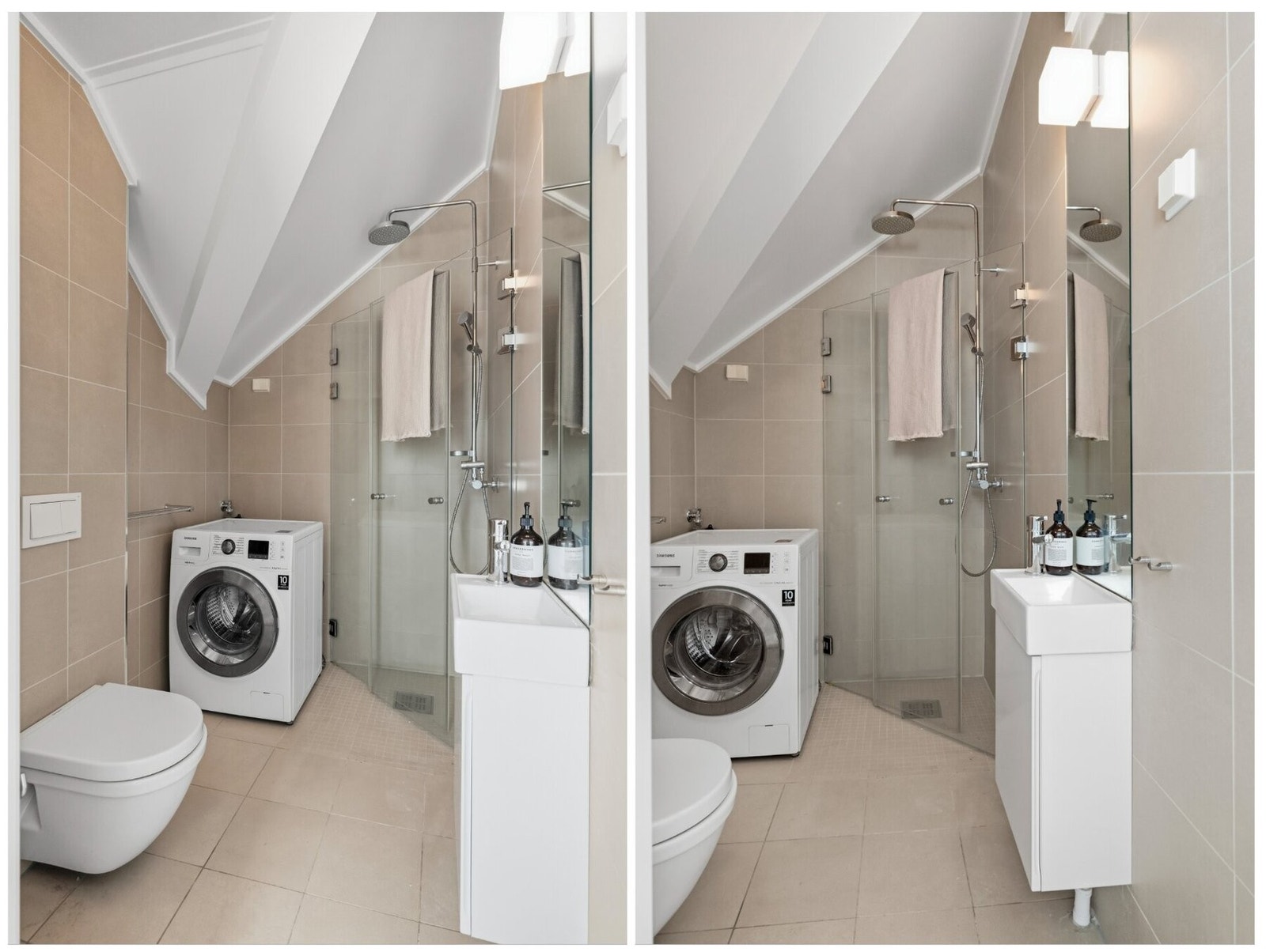 Pent flislagt bad med elektriske varmekabler i gulv. Badet har opplegg for vaskemaskin. Galleribilde