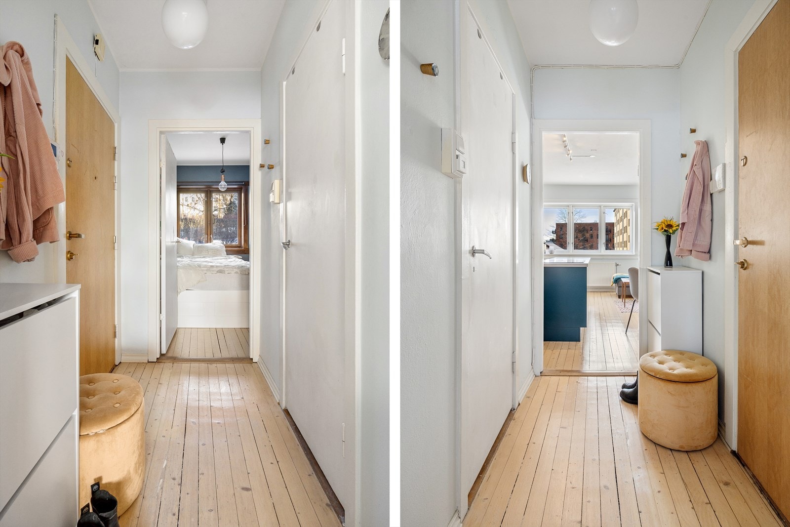 Lys og innbydende entré med plass til ytterklær. Galleribilde