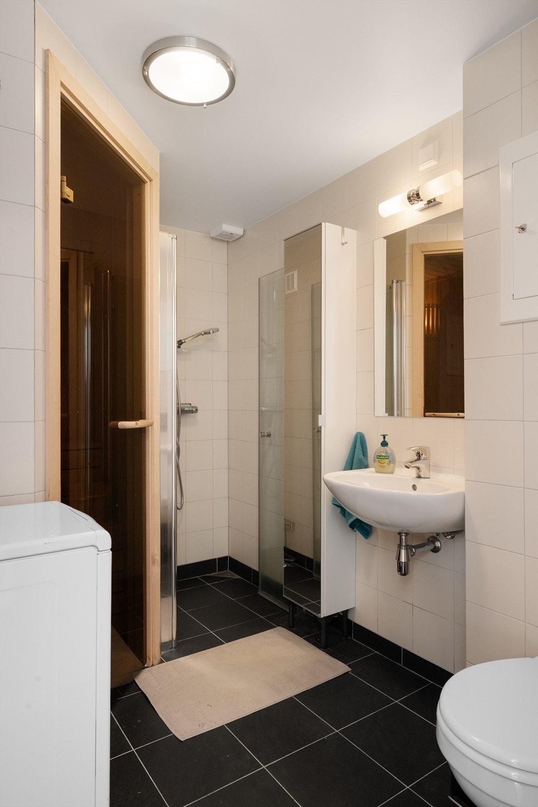 Baderom med toalett, servant, dusjvegger og badstue. Galleribilde