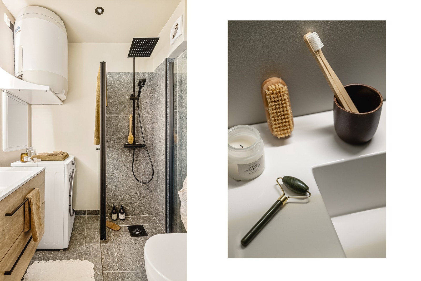 Til høyre i gangen finner vi leilighetens innbydende baderom på 3,1 kvm. Galleribilde