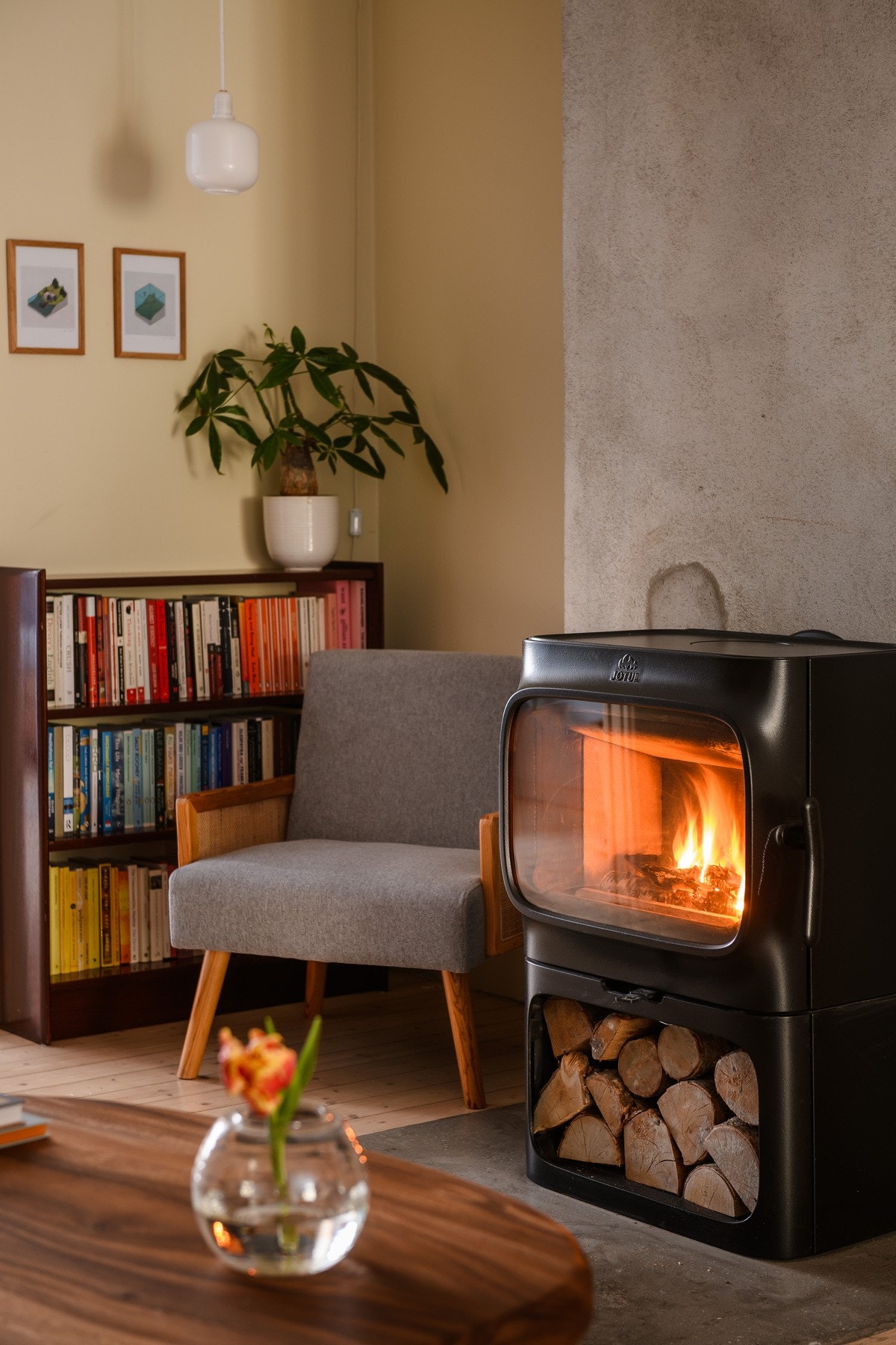 En peisovn med glassdør gir ekstra varme og en stemningsfull atmosfære i stuen. Galleribilde