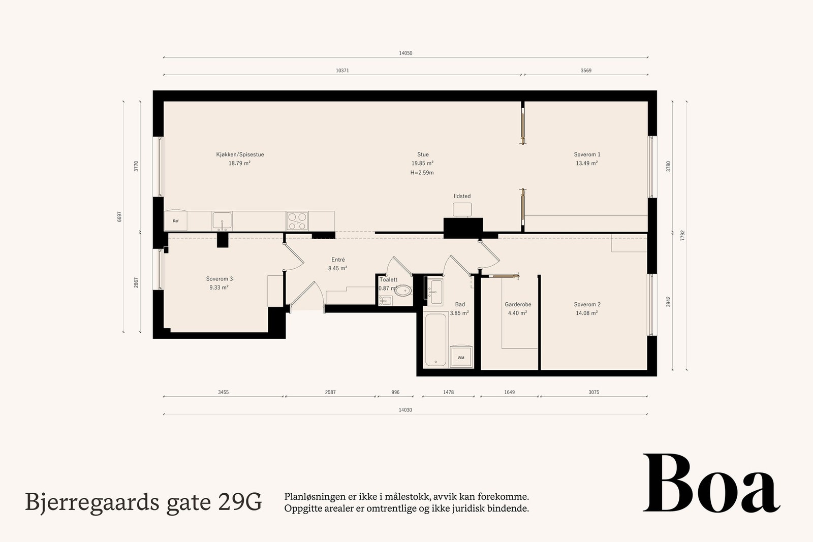 Leiligheten har en arealeffektiv planløsning med tre soverom og en åpen stue- og kjøkkenløsning. Galleribilde