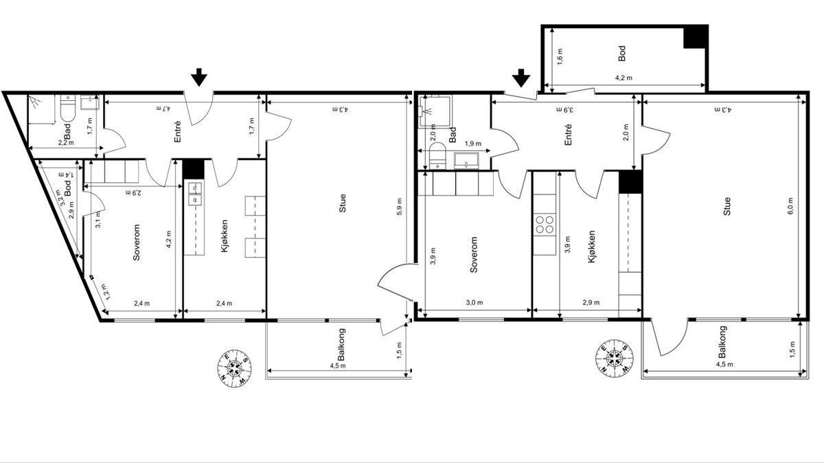 Plantegningene er slått sammen for å illustrere hvordan leilighetene eventuelt vil se ut Galleribilde