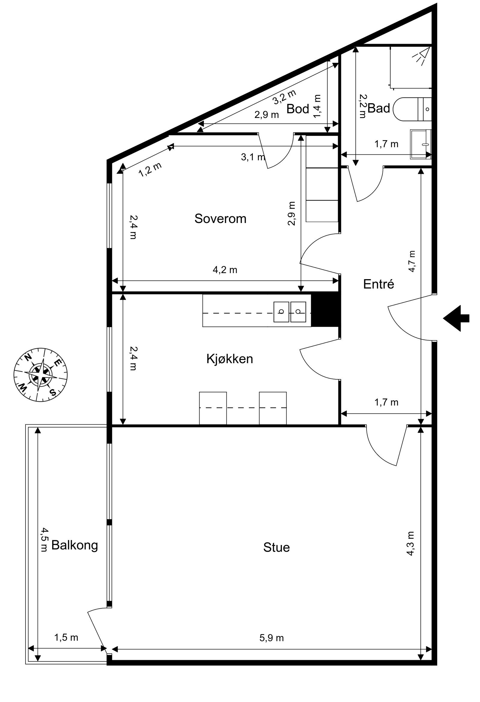 H0301: Entré, stue, kjøkken, soverom, bad og bod. Galleribilde