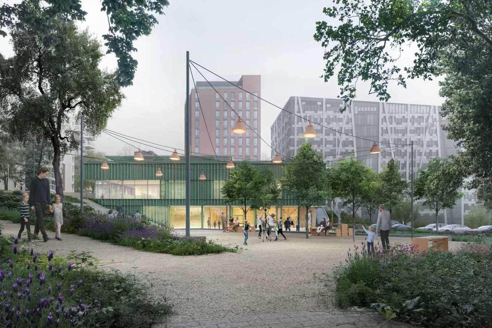 Nye Aktivitetsparken med 6 000 kvadratmeter vil bestå av grønnstruktur, gangforbindelser, varierte aktivitetsflater og ulike sosiale uterom som avgrenses av vegetasjonsfelt og trær. Galleribilde