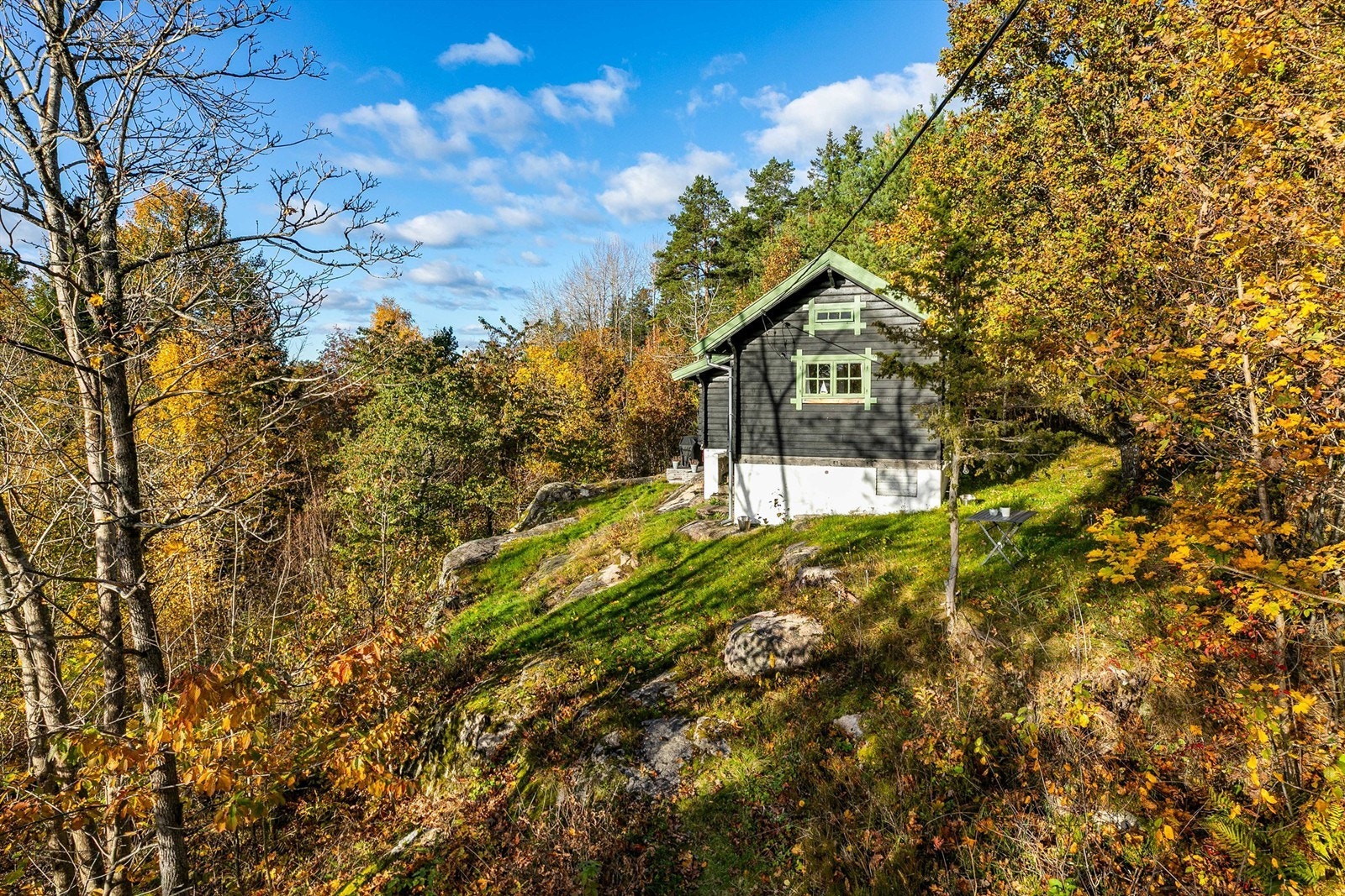 De fleste av hyttene har en tilnærmet identisk planløsning. Her er #1 sett fra syd. Galleribilde