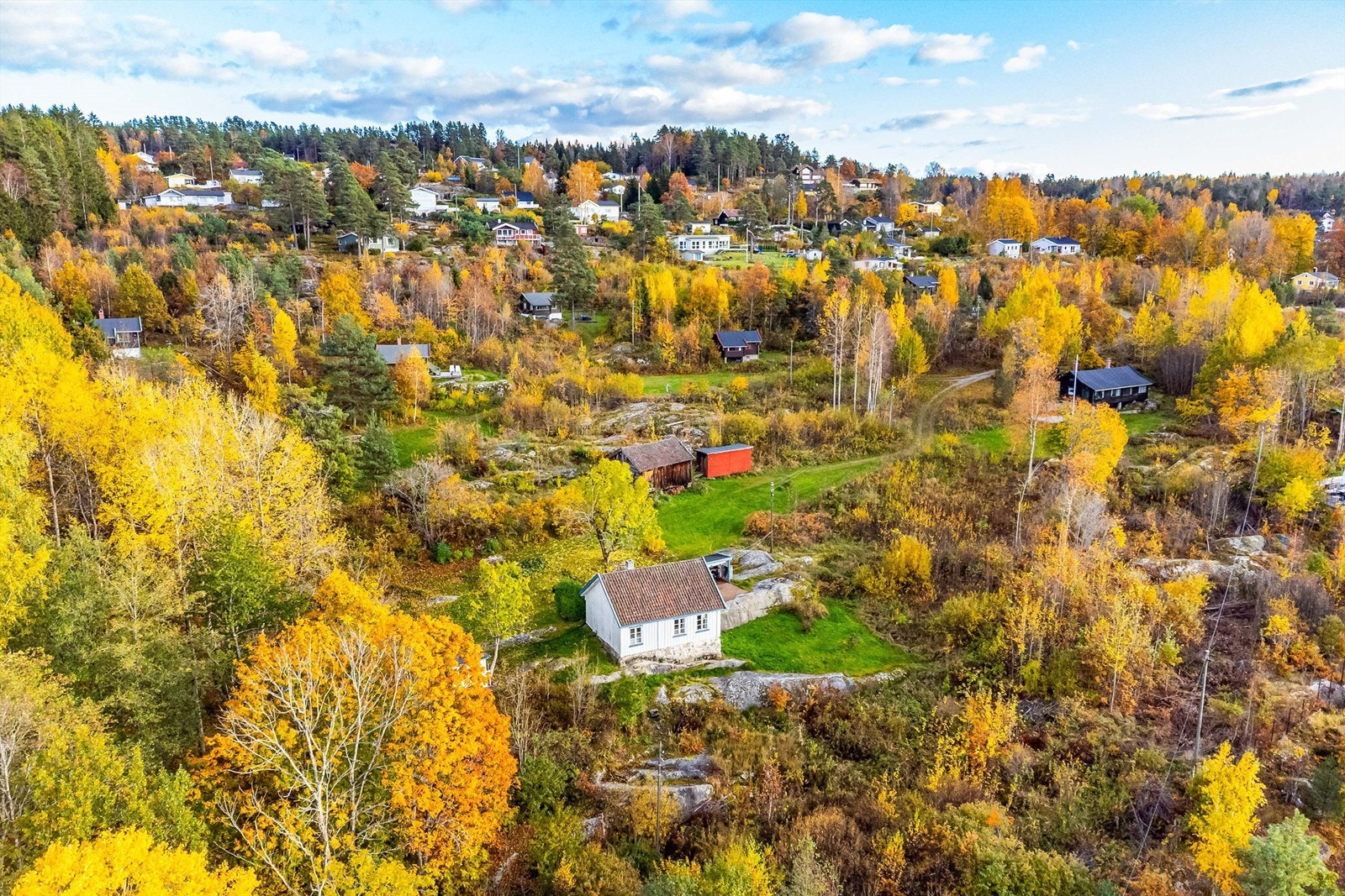 Hyttene utenom #6 er samlet ovenfor våningshuset (hvitt). Sistnevnte stammer fra det opprinnelige gårdsbruket som var feriehjemmets utgangspunkt. Galleribilde