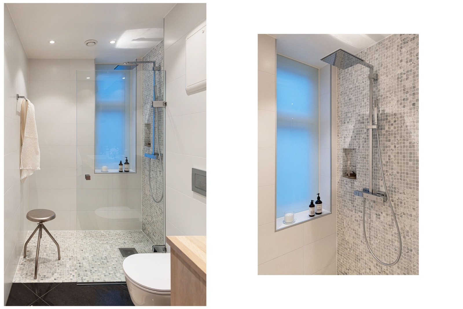 Videre inneholder baderommet servantskap med glatte fronter i heltre eik, benkeplate i eik med nedfelt kum, speil på vegg, veggmontert klosett, samt dusjhjørne med glassvegg. Galleribilde