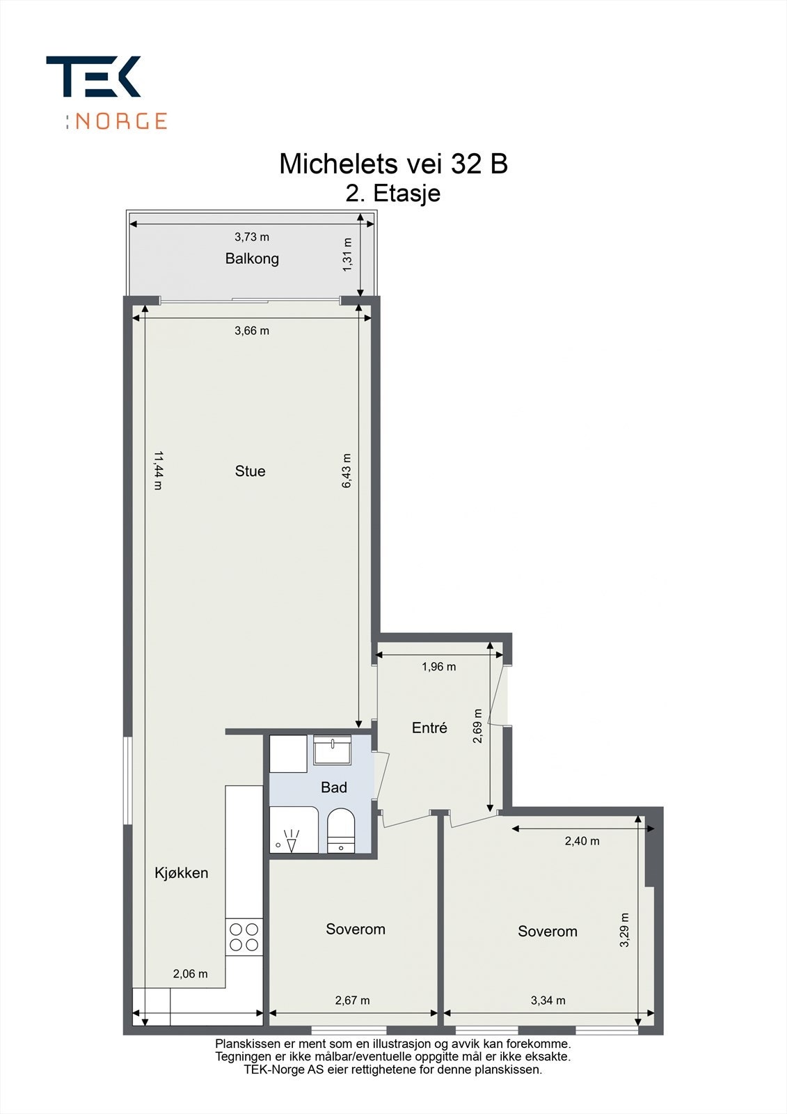 Leiligheten på 64 m² har en arealeffektiv planløsning med to soverom, bad med plass til vaskemaskin og åpen stue-kjøkkenløsning. Galleribilde
