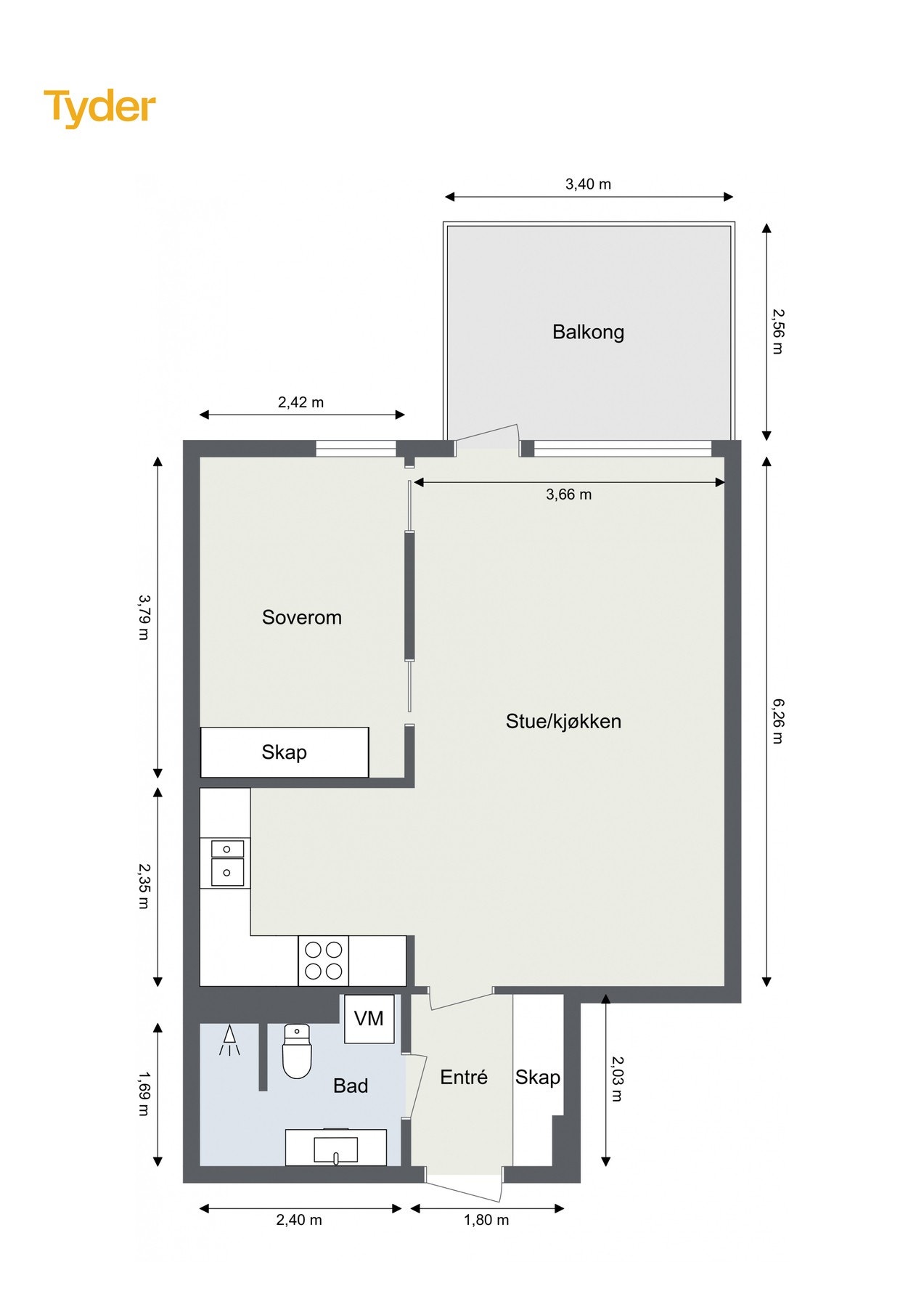 Hoffsveien 6A med oppmålt plantegning for leiligheten. Galleribilde