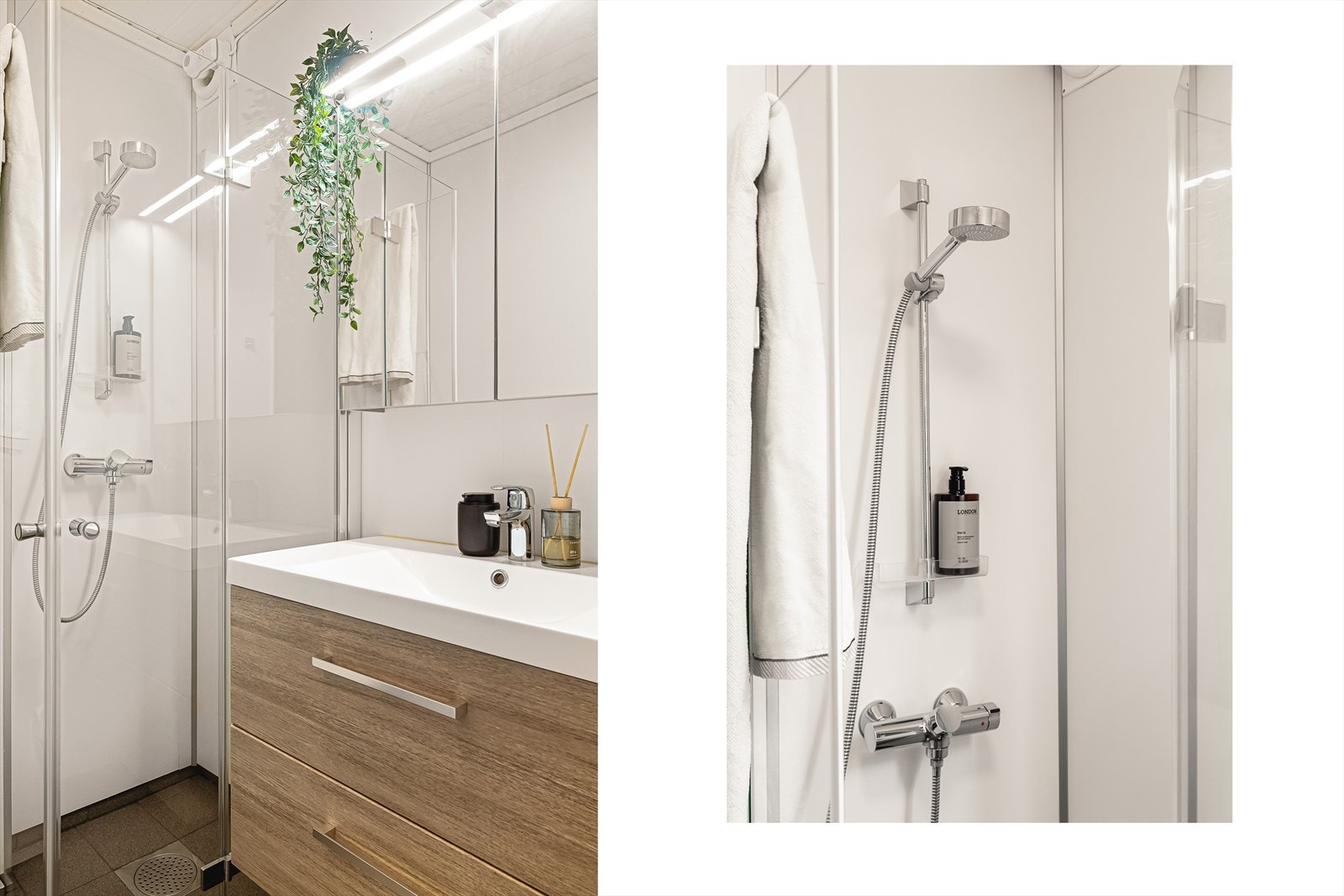 Badet måler 2,3 kvm og har varmekabler i gulvet. Galleribilde