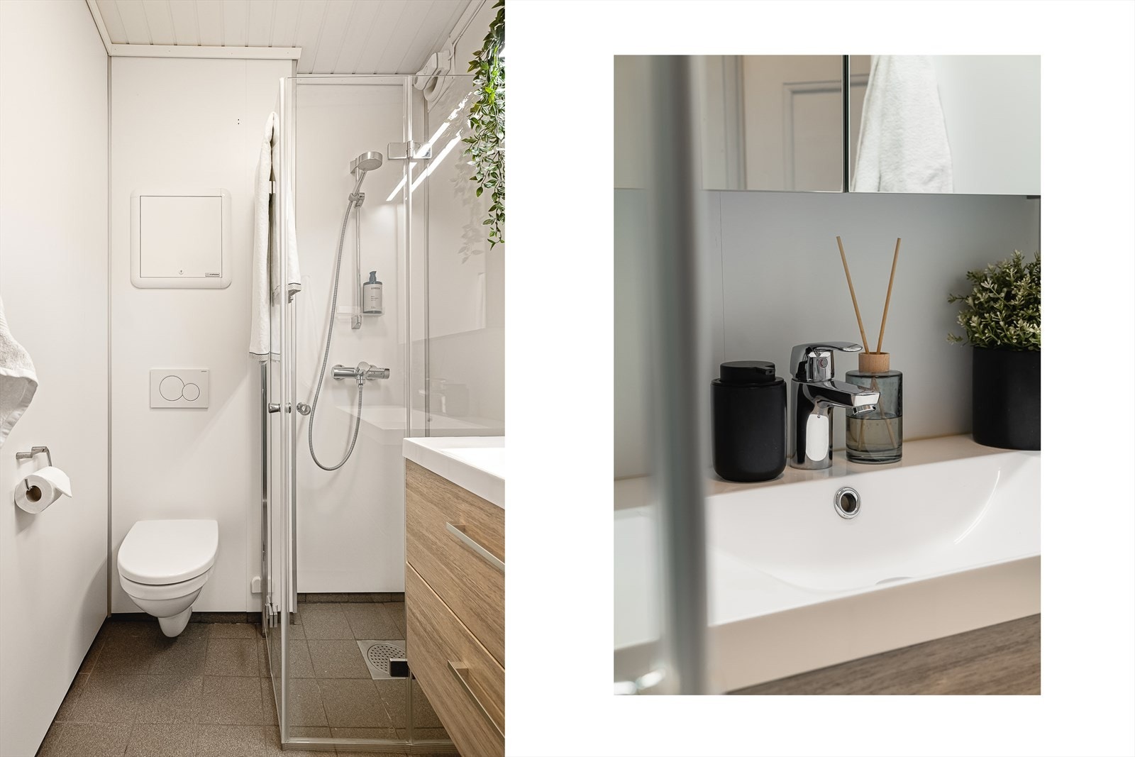 Veggene har baderomsplater, taket har malt panel og gulvet er flislagt. Galleribilde