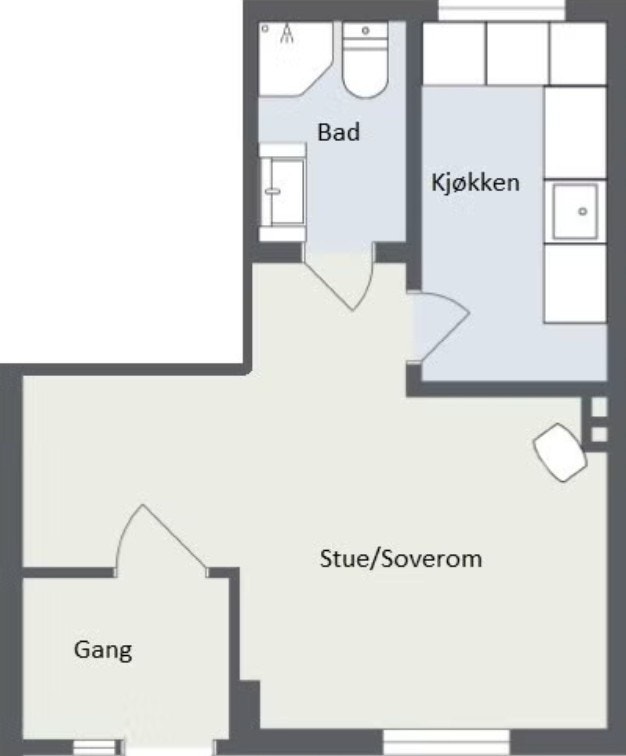 Separat kjøkken, gang og sov/stue i ett Galleribilde