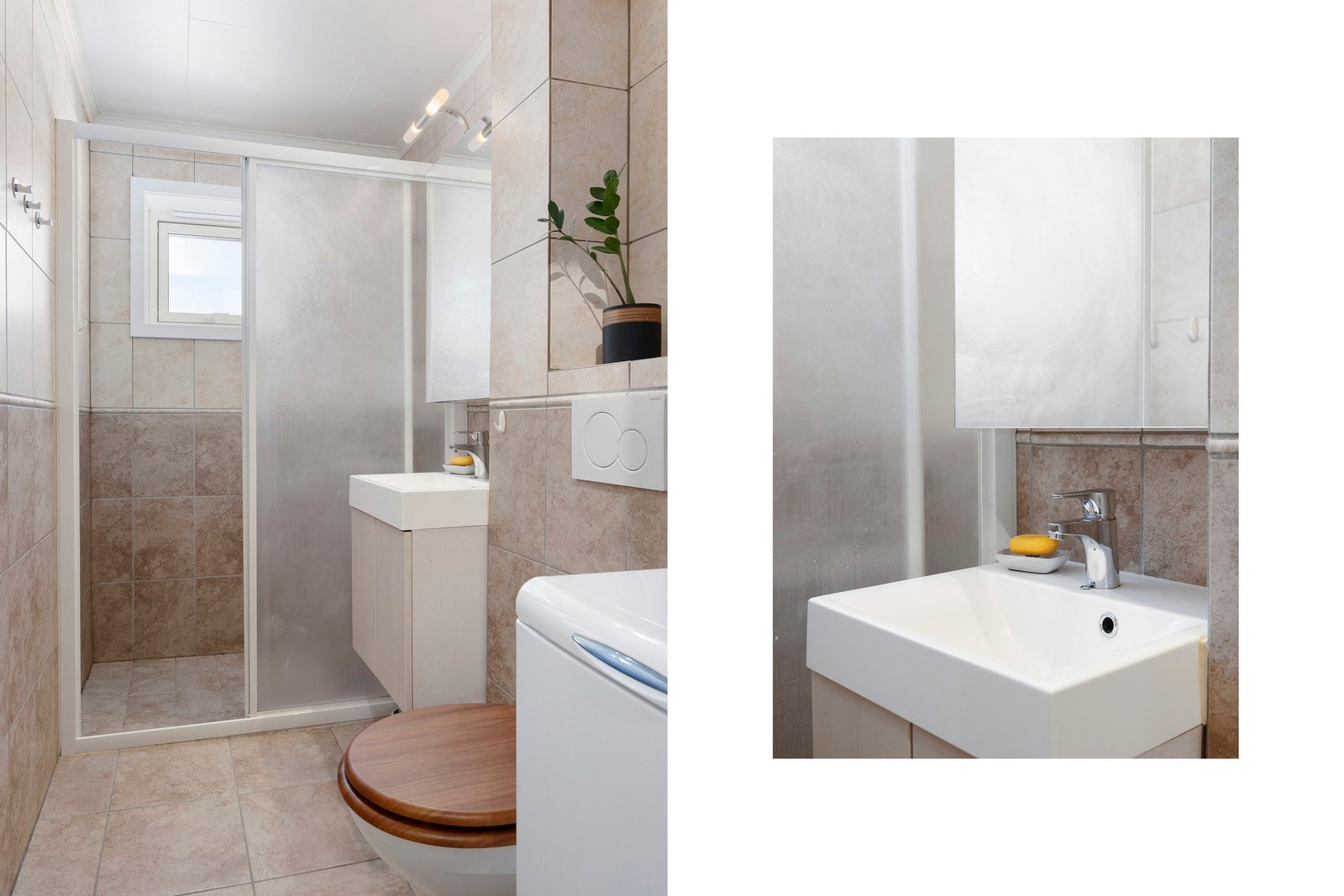 Flislagt bad fra ca 06/07 utstyrt med servant, servantskap, dusjhjørne, toalett og opplegg for vaskemaskin. Galleribilde