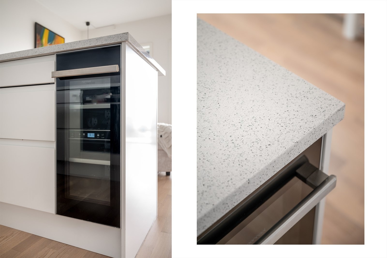 Eksklusiv stein-kompositt benkeplate og integrert vinskap - gjennomført ned til minste detalj. Galleribilde