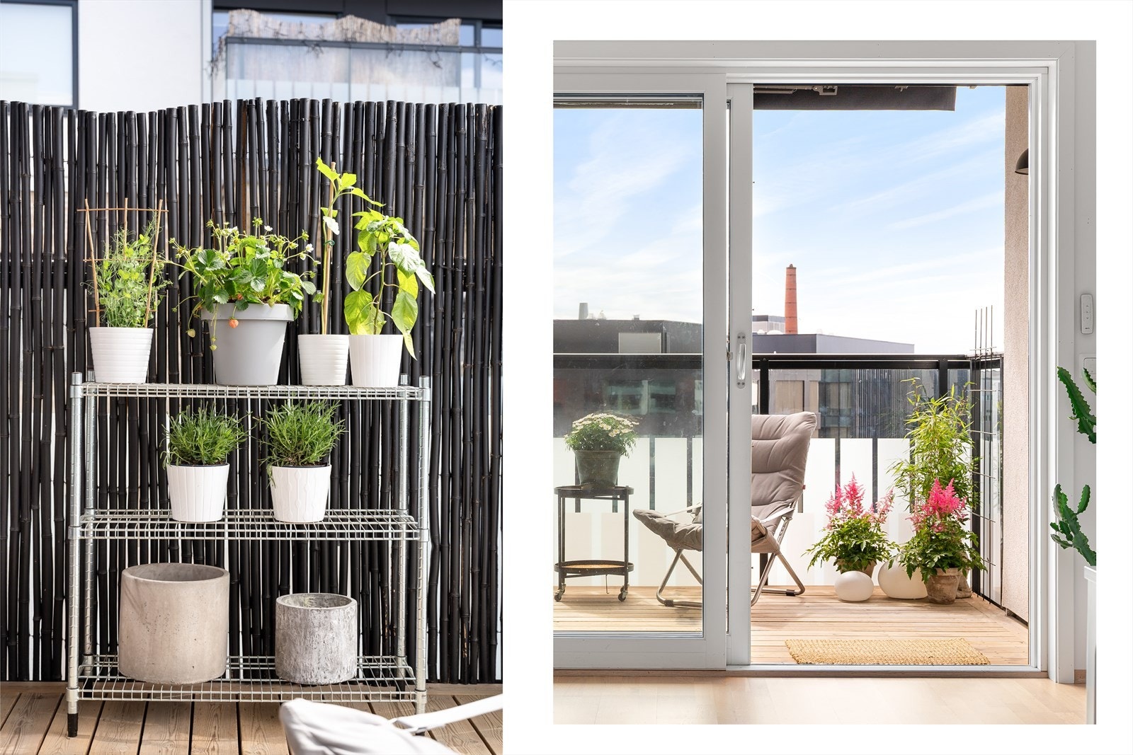 Detaljrik og frodig balkong med plass til urter og grønne planter. Galleribilde