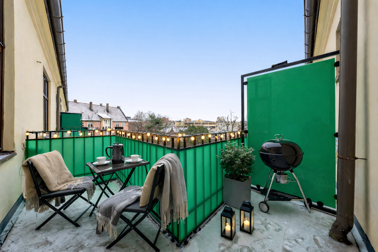 Balkongen er en fin forlengelse av stuen og har plass til utemøbler og en grill. (bilde er digitalt stylet) Galleribilde