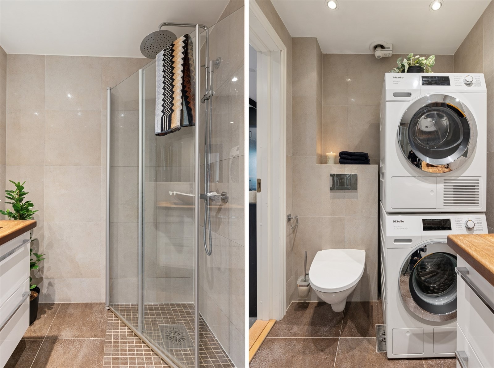 Elektrisk gulvvarme, vegghengt toalett og praktisk opplegg for vaskesøyle. Galleribilde