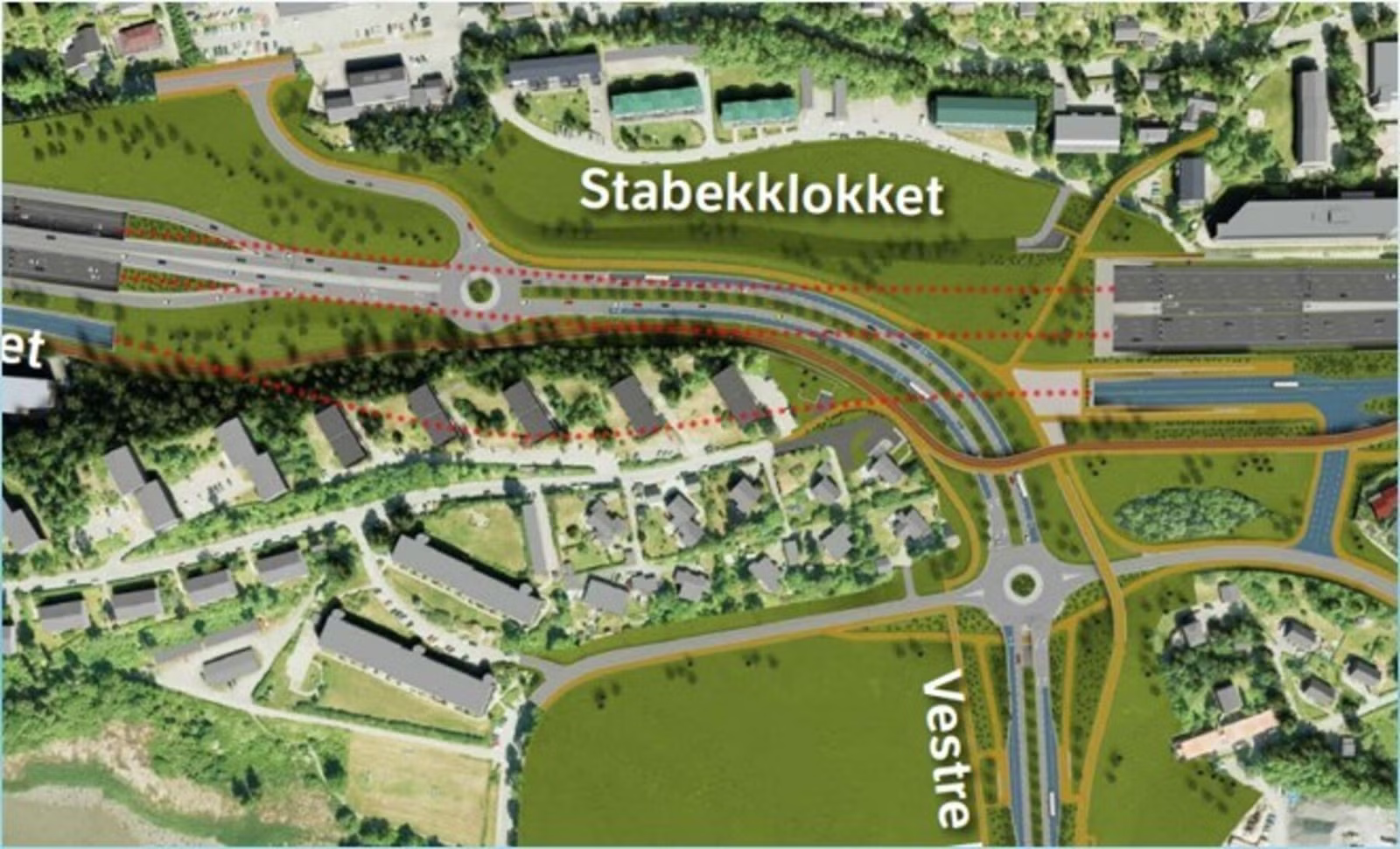 Stabekklokket og Vestre lenke som viser bussveg, E18, lokalveger, hovedsykkelveg og øvrige gang- og sykkelveger. Galleribilde