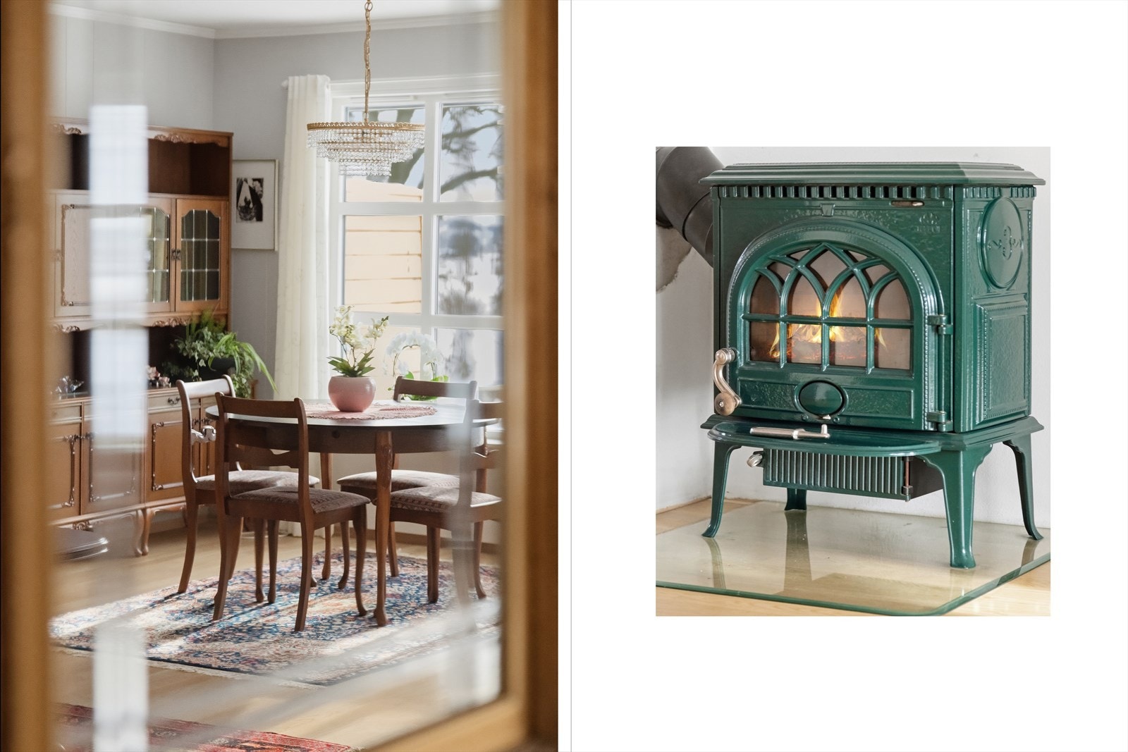 Ytterst i stuen, nærmest overgangen til entrè/gangen, sørger peisovnen (Jøtul 3) for ekstra god varme og peiskos på mørke vinterkvelder. Galleribilde