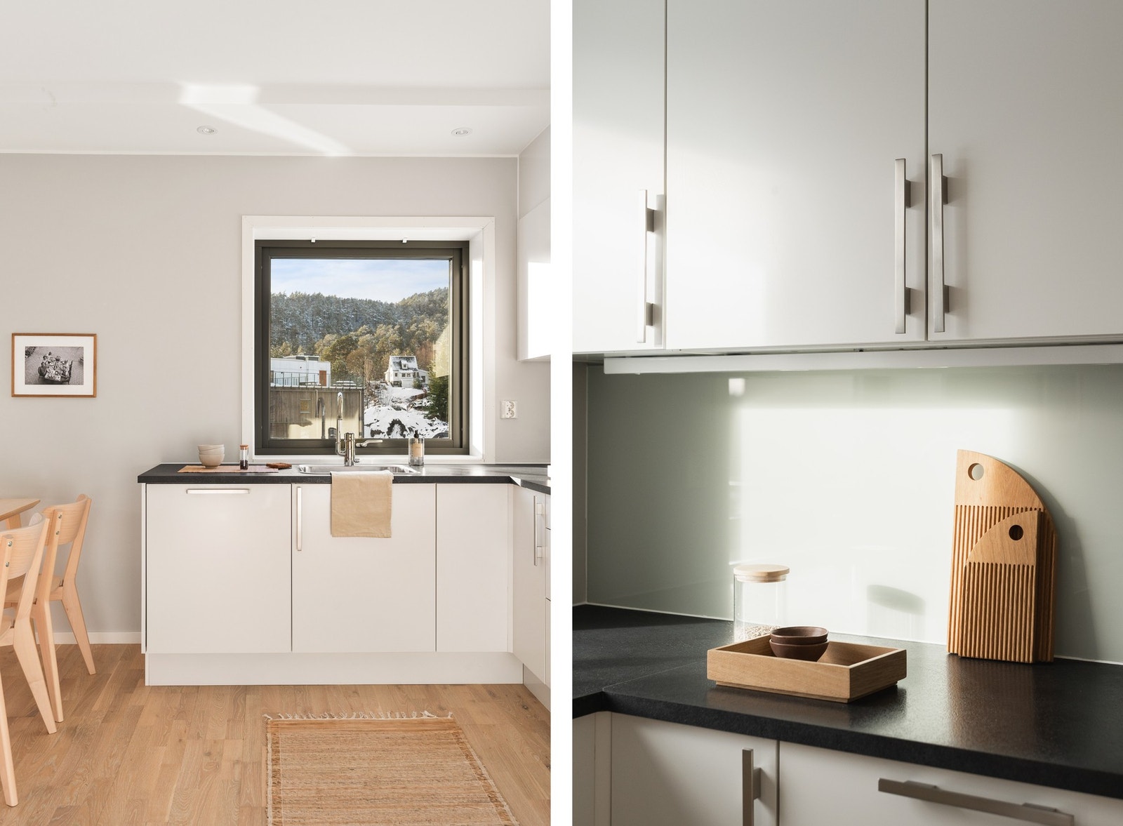 Av integrerte hvitevarer kan kjøkkenet skilte med stekeovn, platetopp, ventilator, kjøleskap med frysedel og oppvaskmaskin. Galleribilde