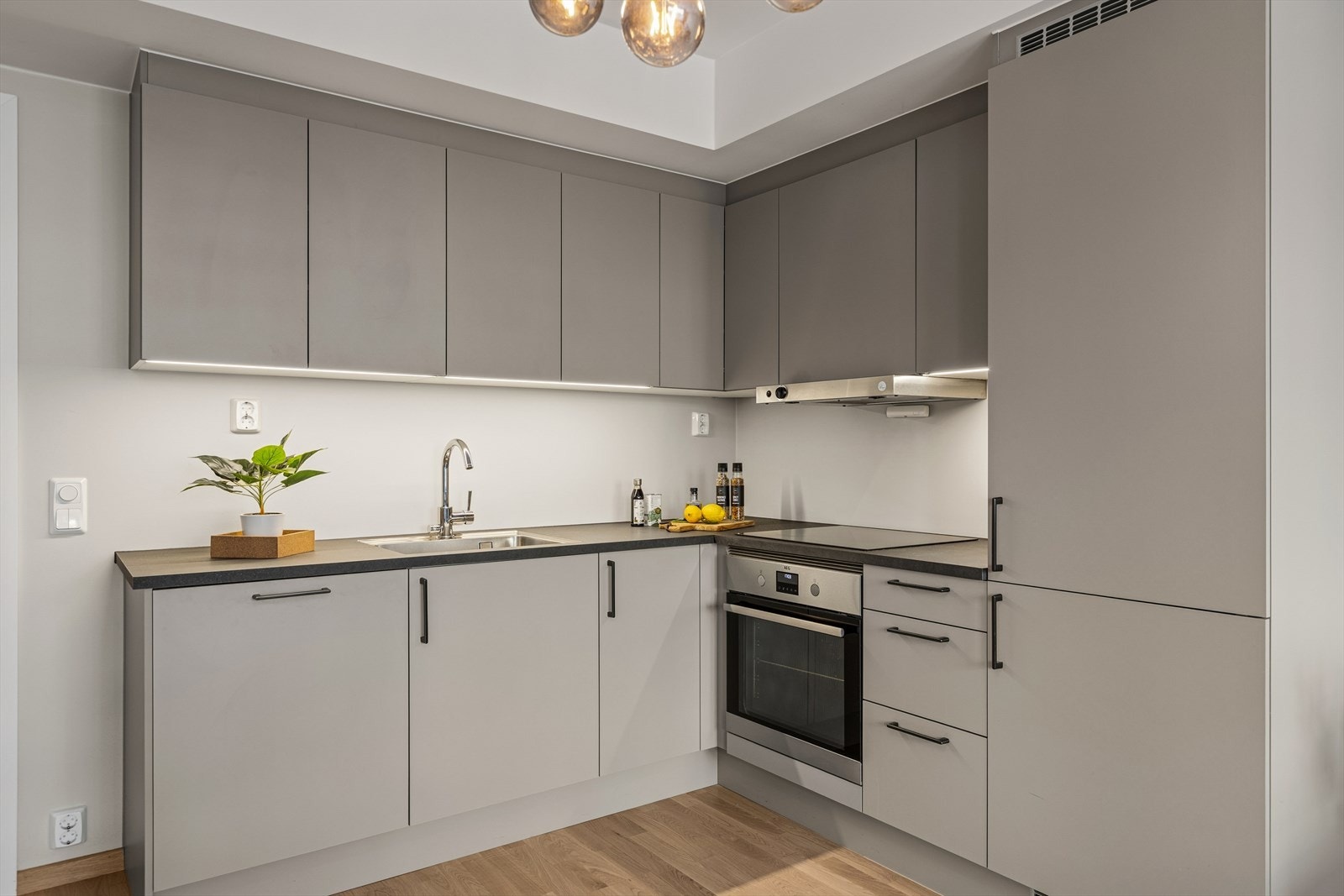 Integrerte hvitevarer som stekeovn, platetopp, oppvaskmaskin og kombinert kjøleskap med fryser. Galleribilde