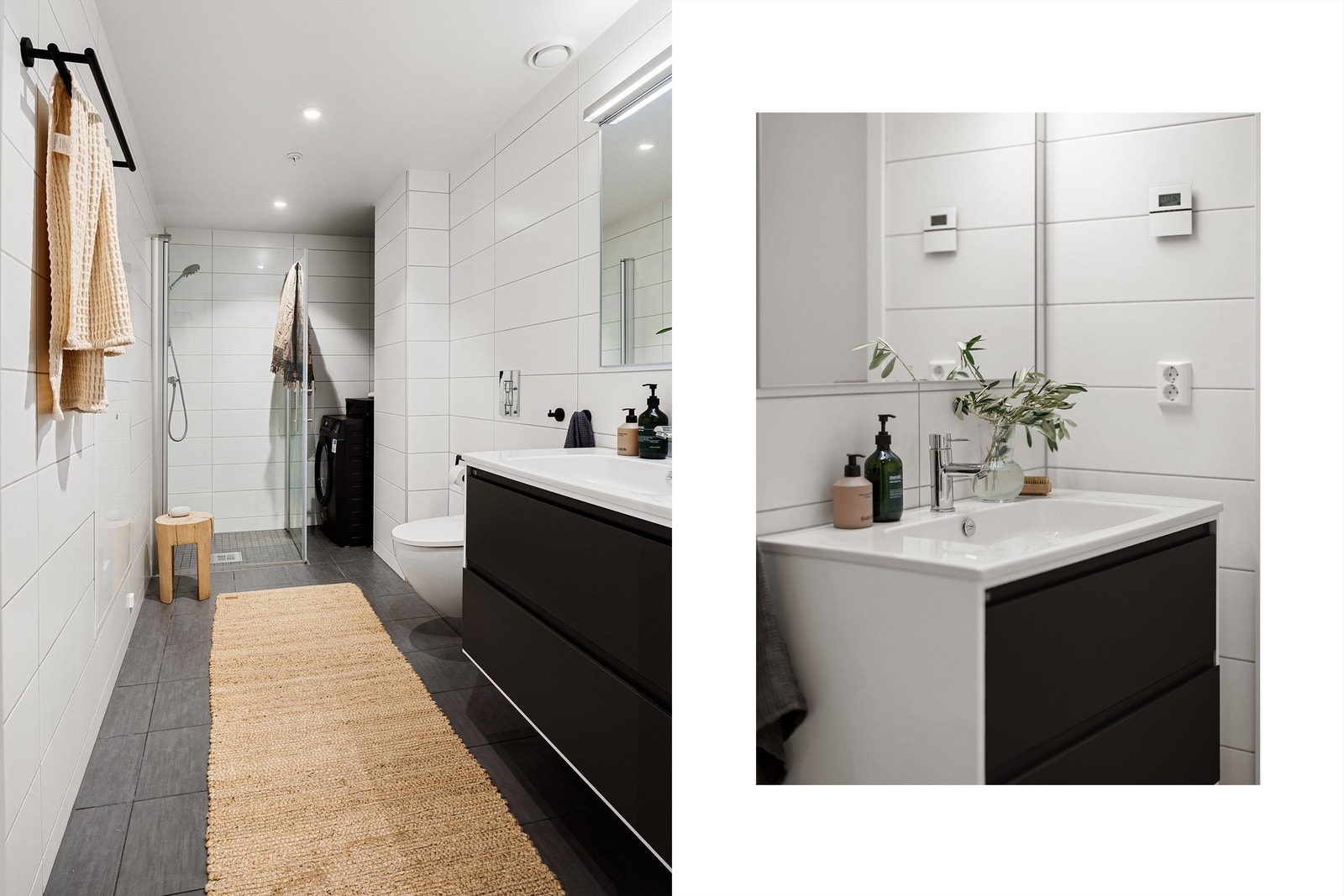 Badet er innredet med vegghengt klosett, servant med tilhørende innredning og speil med belysning, samt et romslig dusjhjørne med svingbare glassdører. Galleribilde