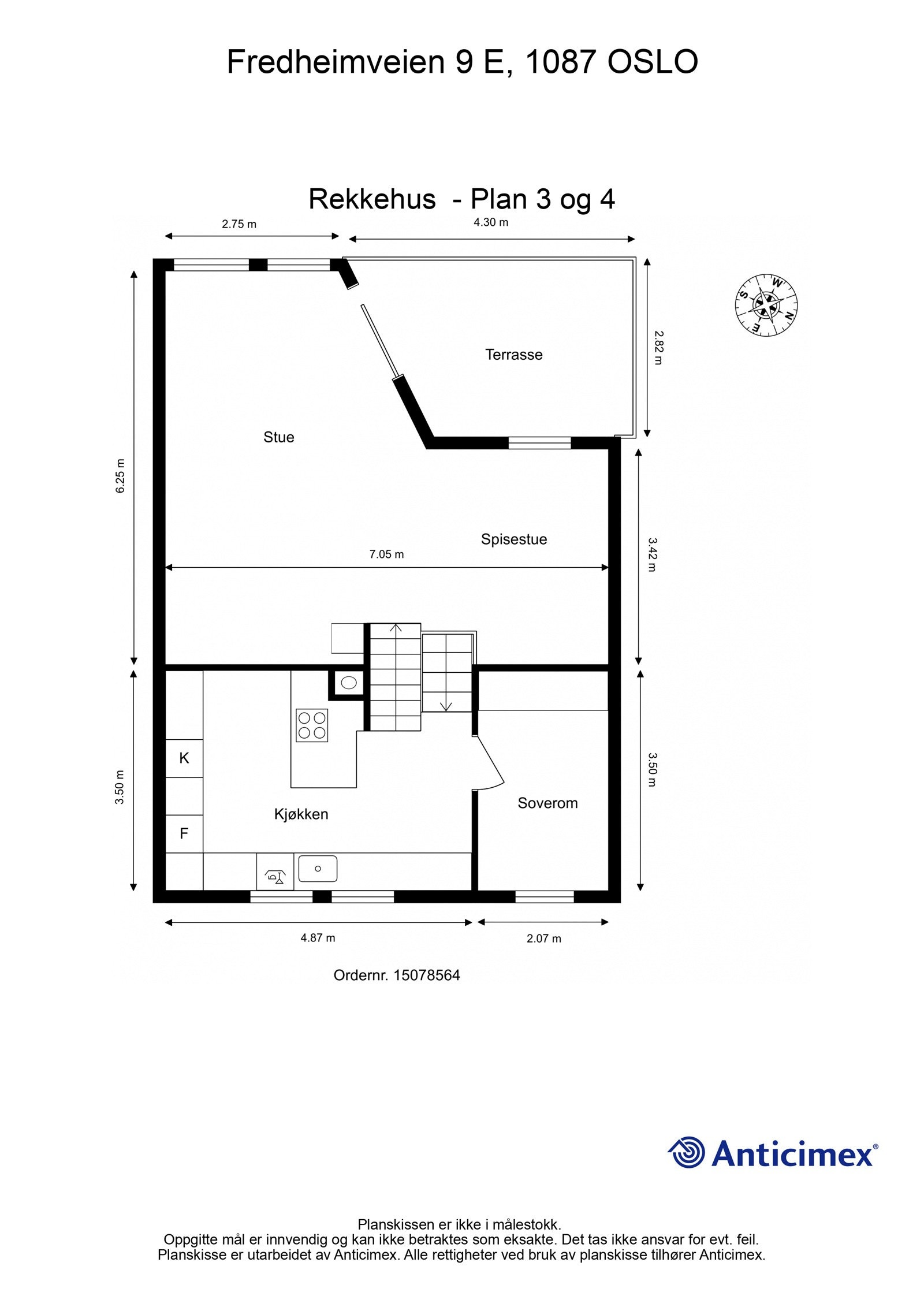 Plantegning plan 3 og 4 (med mål). Dvs. Plan 3 er stuen mot terrassen og plan 4 er kjøkkenet og soverom. Galleribilde
